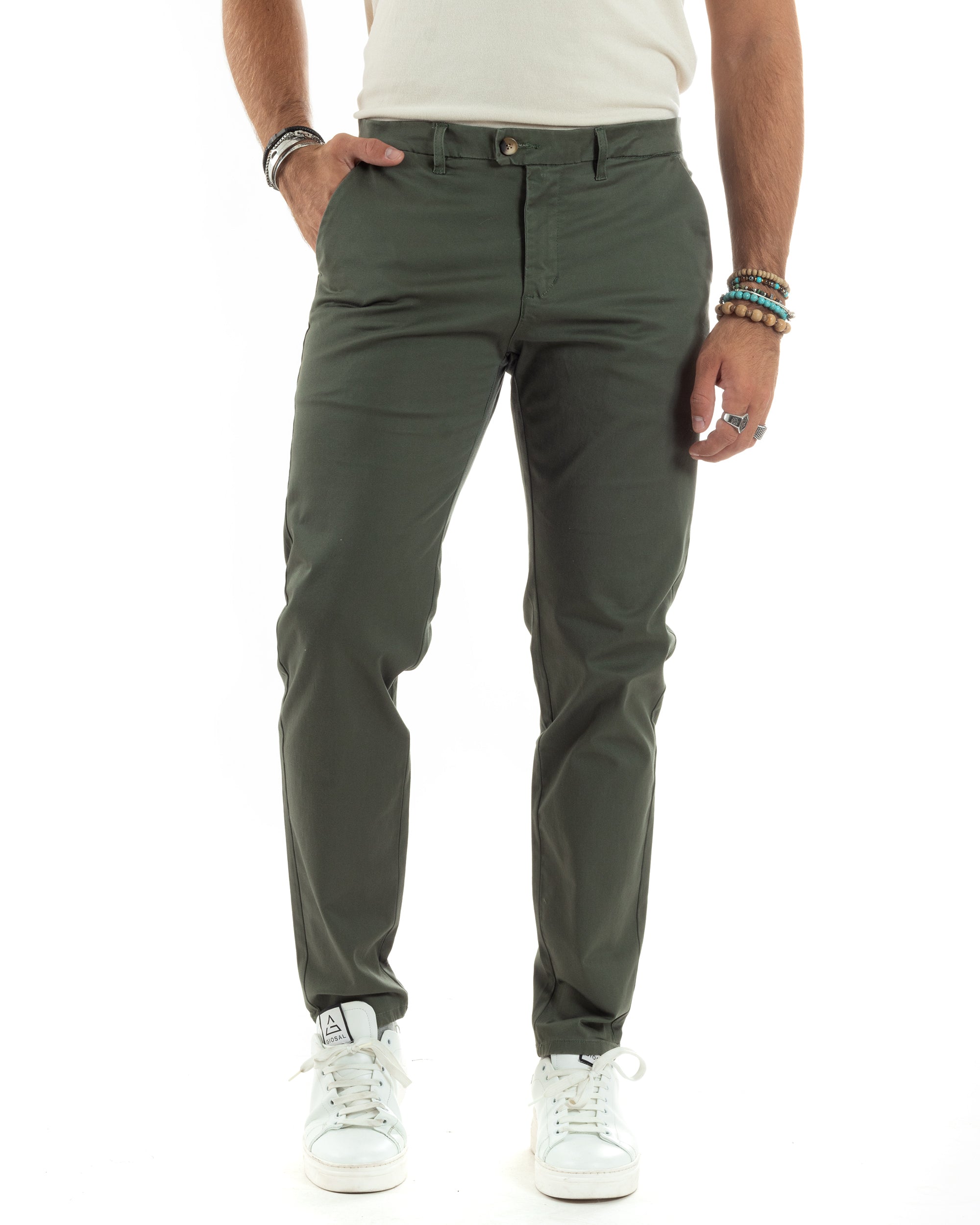 Pantaloni Uomo Cotone Raso Invernale Chinos Abbottonatura Allungata Tasca America Slim Fit Tinta Unita Verde GIOSAL-P6142A