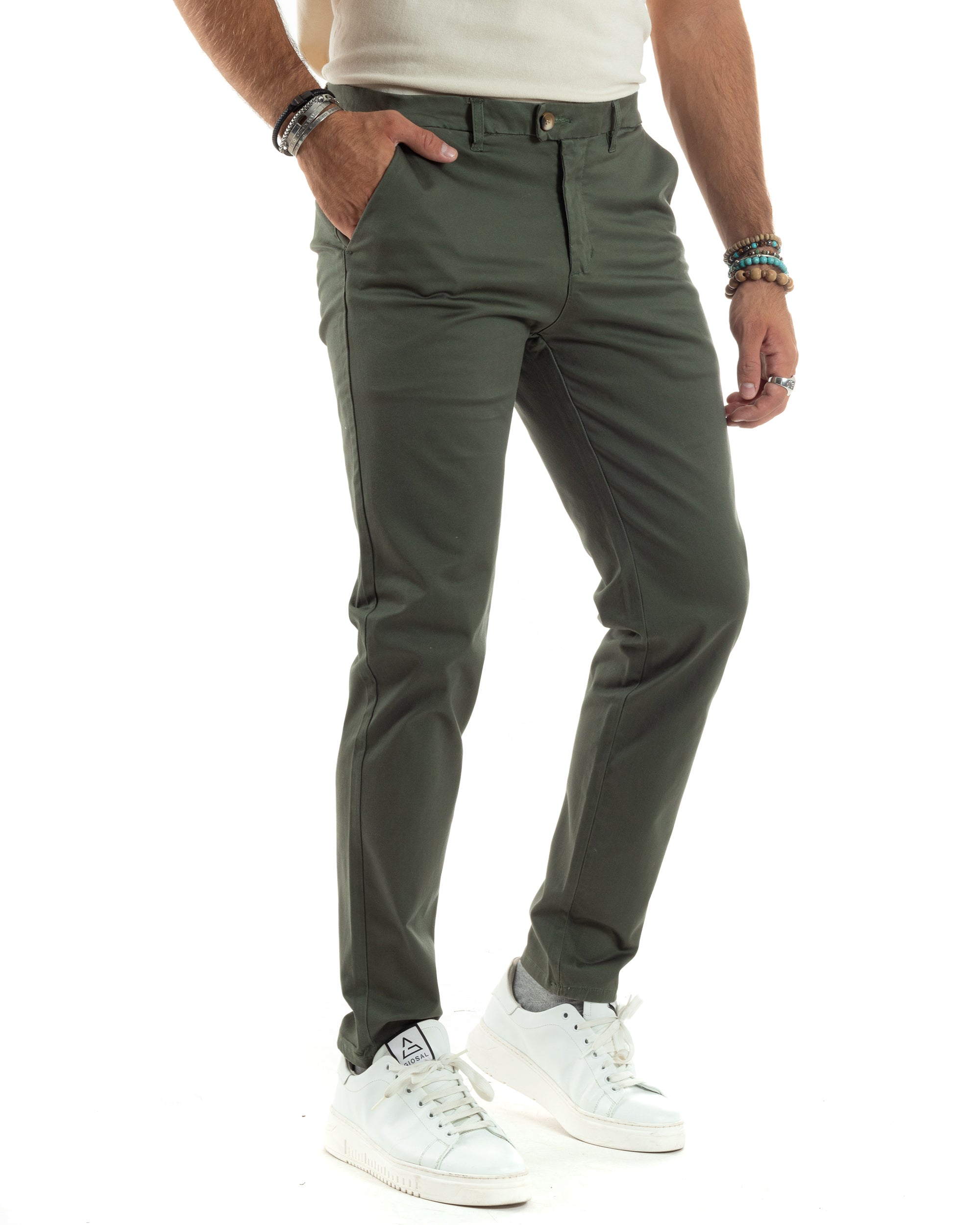 Pantaloni Uomo Cotone Raso Invernale Chinos Abbottonatura Allungata Tasca America Slim Fit Tinta Unita Verde GIOSAL-P6142A