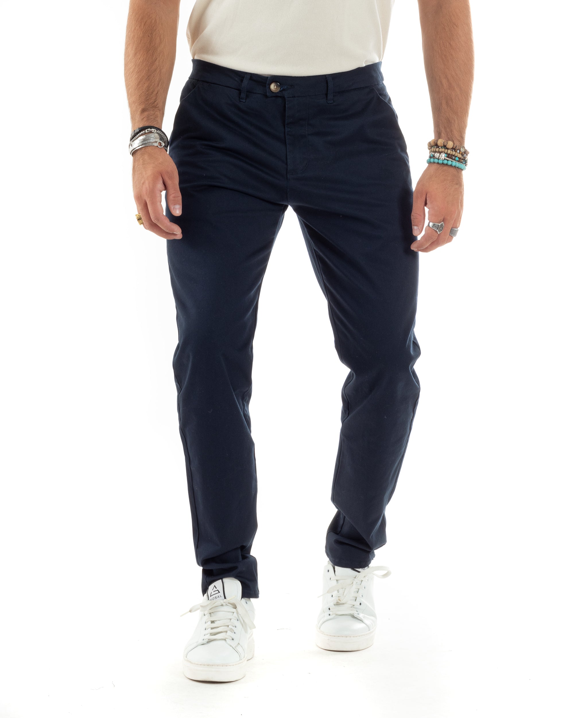 Pantaloni Uomo Cotone Raso Invernale Chinos Abbottonatura Allungata Tasca America Slim Fit Tinta Unita Blu GIOSAL-P6143A