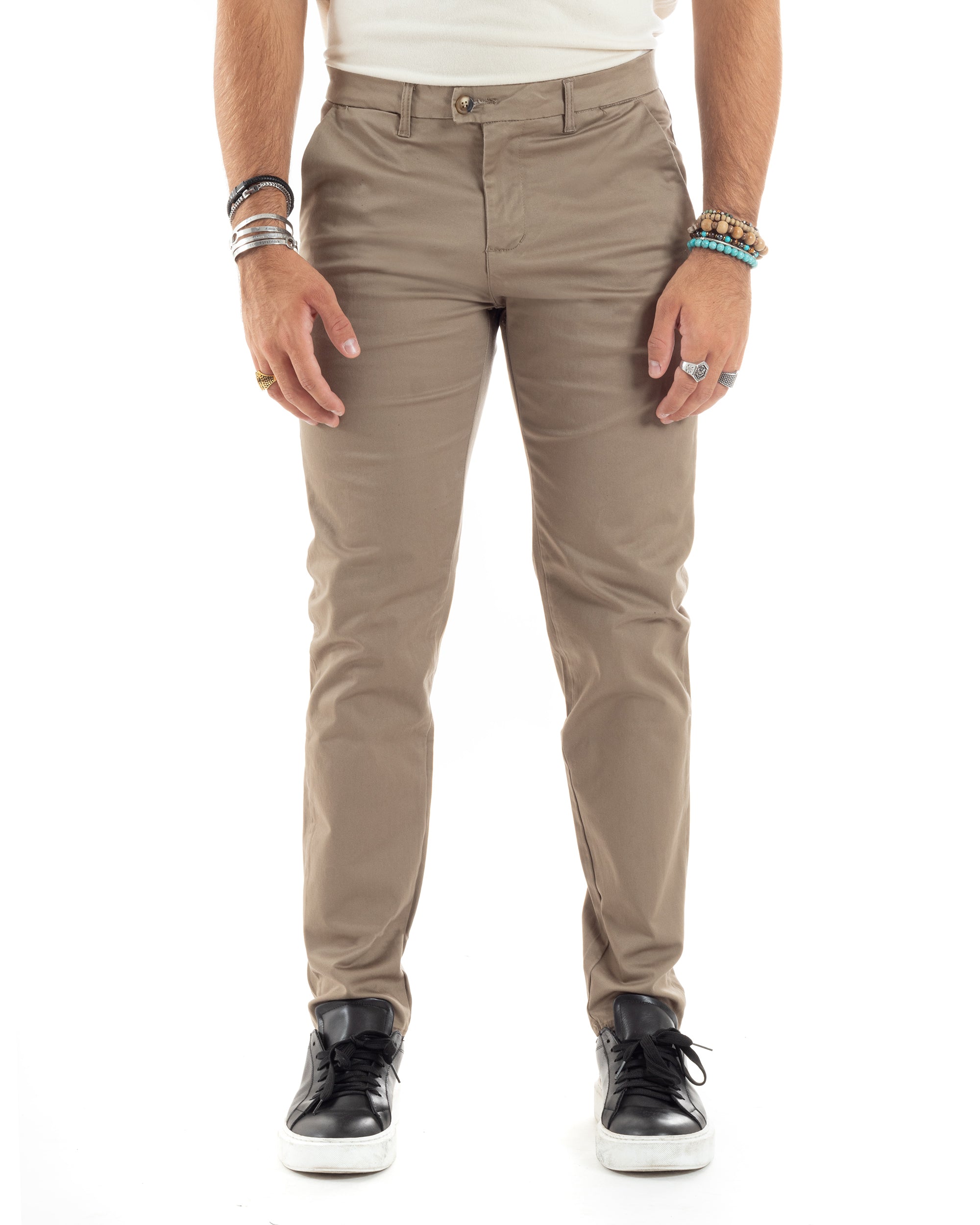 Pantaloni Uomo Cotone Raso Invernale Chinos Abbottonatura Allungata Tasca America Slim Fit Tinta Unita Beige GIOSAL-P6144A