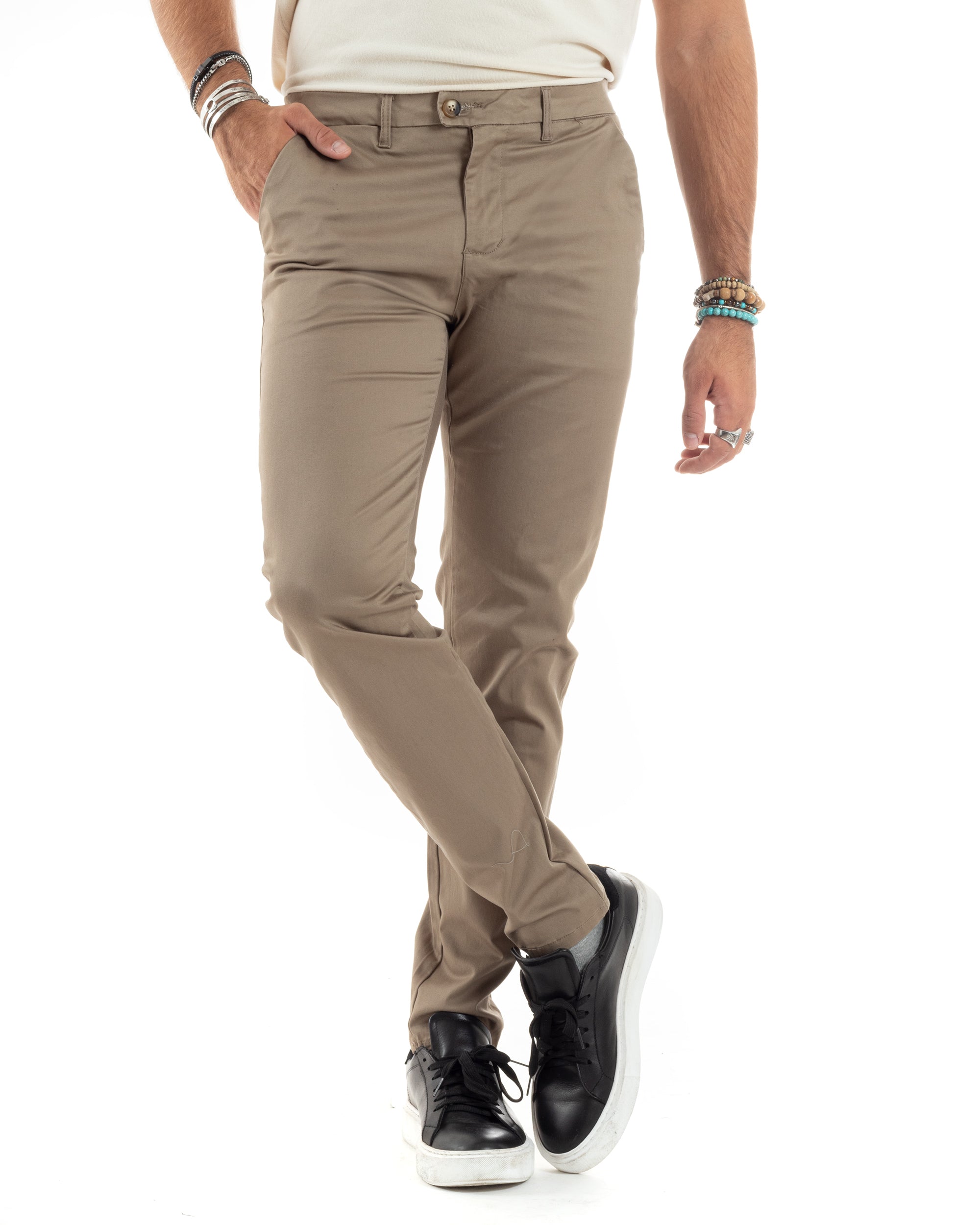 Pantaloni Uomo Cotone Raso Invernale Chinos Abbottonatura Allungata Tasca America Slim Fit Tinta Unita Beige GIOSAL-P6144A