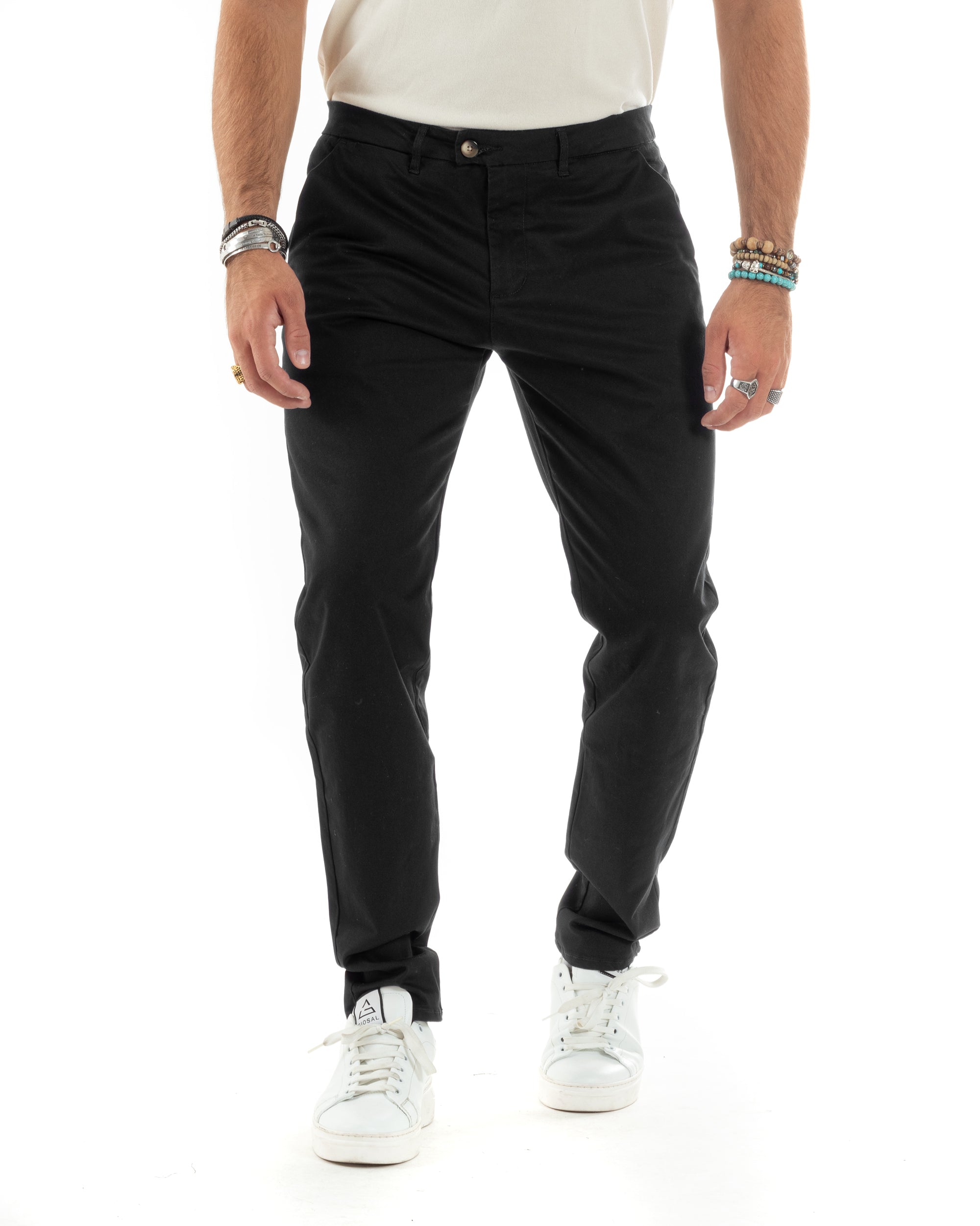 Pantaloni Uomo Cotone Raso Invernale Chinos Abbottonatura Allungata Tasca America Slim Fit Tinta Unita Nero GIOSAL-P6145A