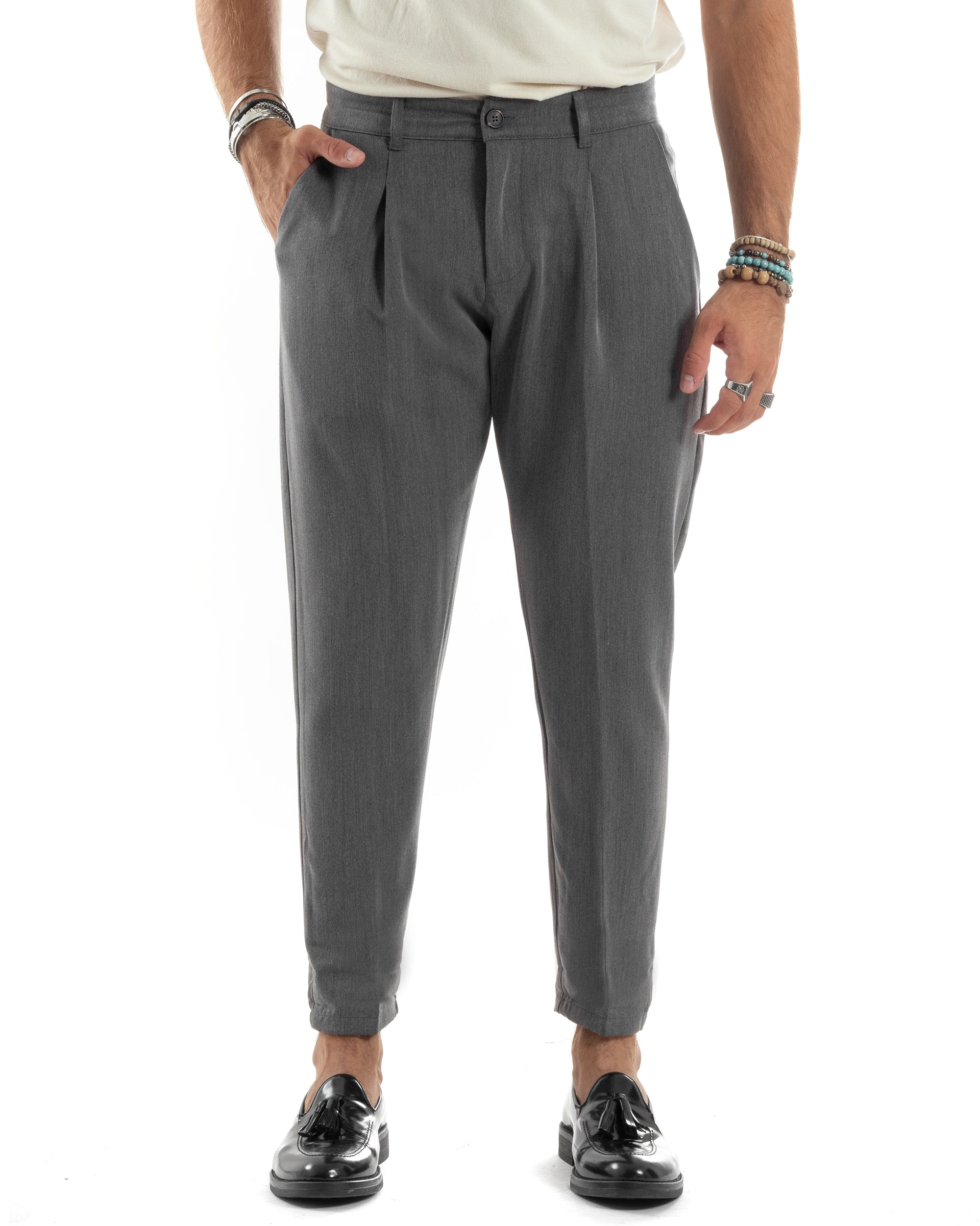 Pantaloni Uomo Viscosa Capri Casual Classico Con Tasca America Pinces Regular Tinta Unita Grigio GIOSAL-P6146A