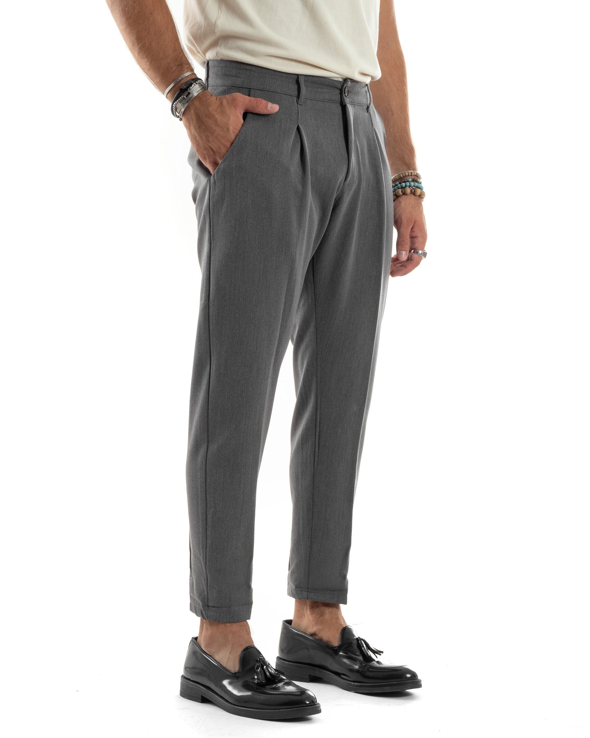 Pantaloni Uomo Viscosa Capri Casual Classico Con Tasca America Pinces Regular Tinta Unita Grigio GIOSAL-P6146A