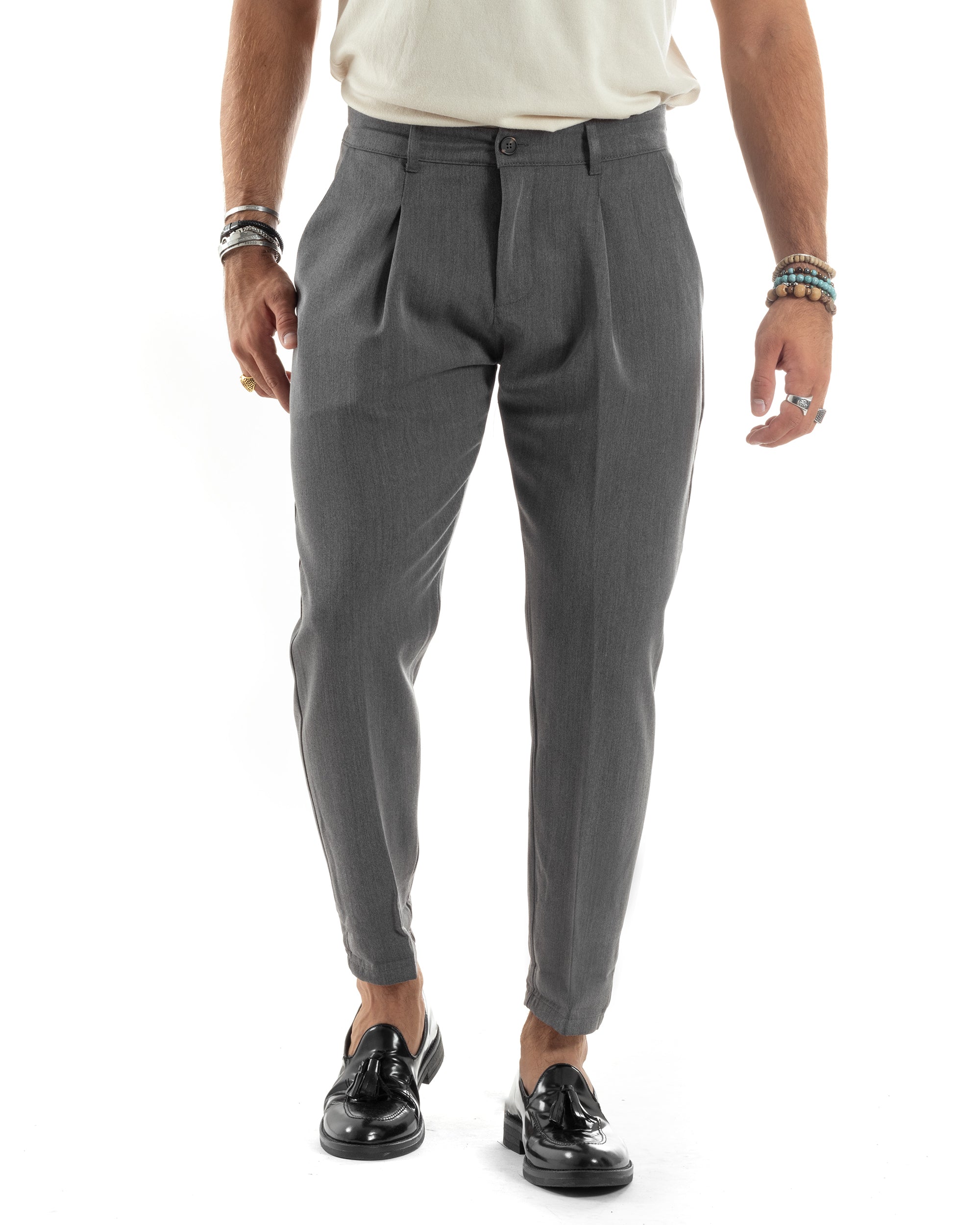 Pantaloni Uomo Viscosa Capri Casual Classico Con Tasca America Pinces Regular Tinta Unita Grigio GIOSAL-P6146A