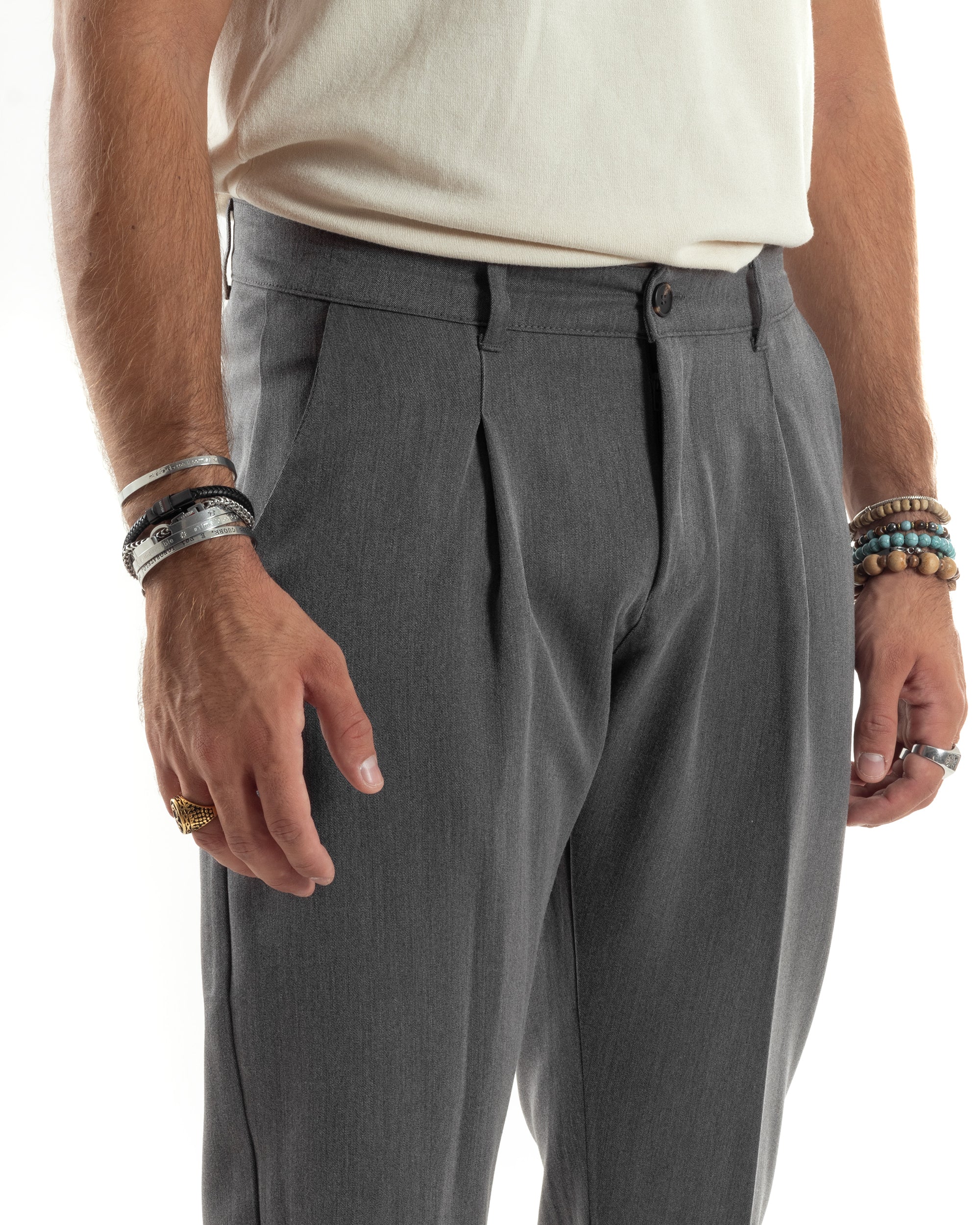 Pantaloni Uomo Viscosa Capri Casual Classico Con Tasca America Pinces Regular Tinta Unita Grigio GIOSAL-P6146A