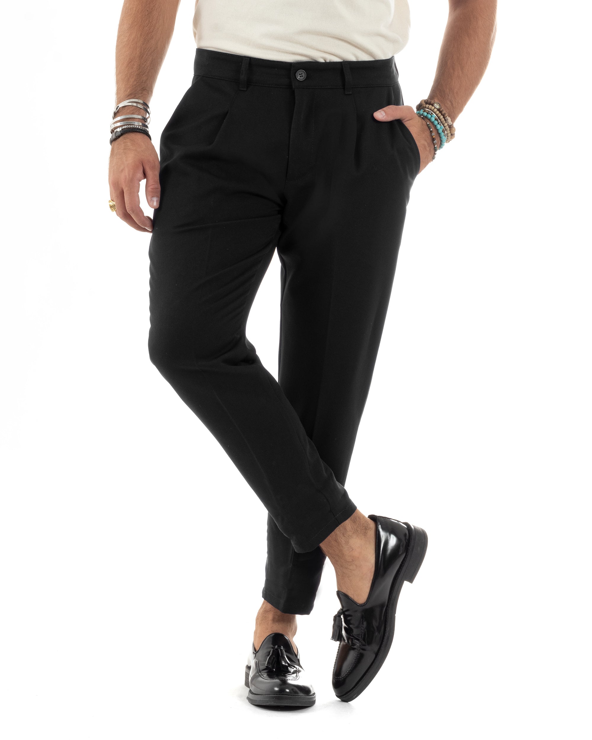 Pantaloni Uomo Viscosa Capri Casual Classico Con Tasca America Pinces Regular Tinta Unita Nero GIOSAL-P6148A