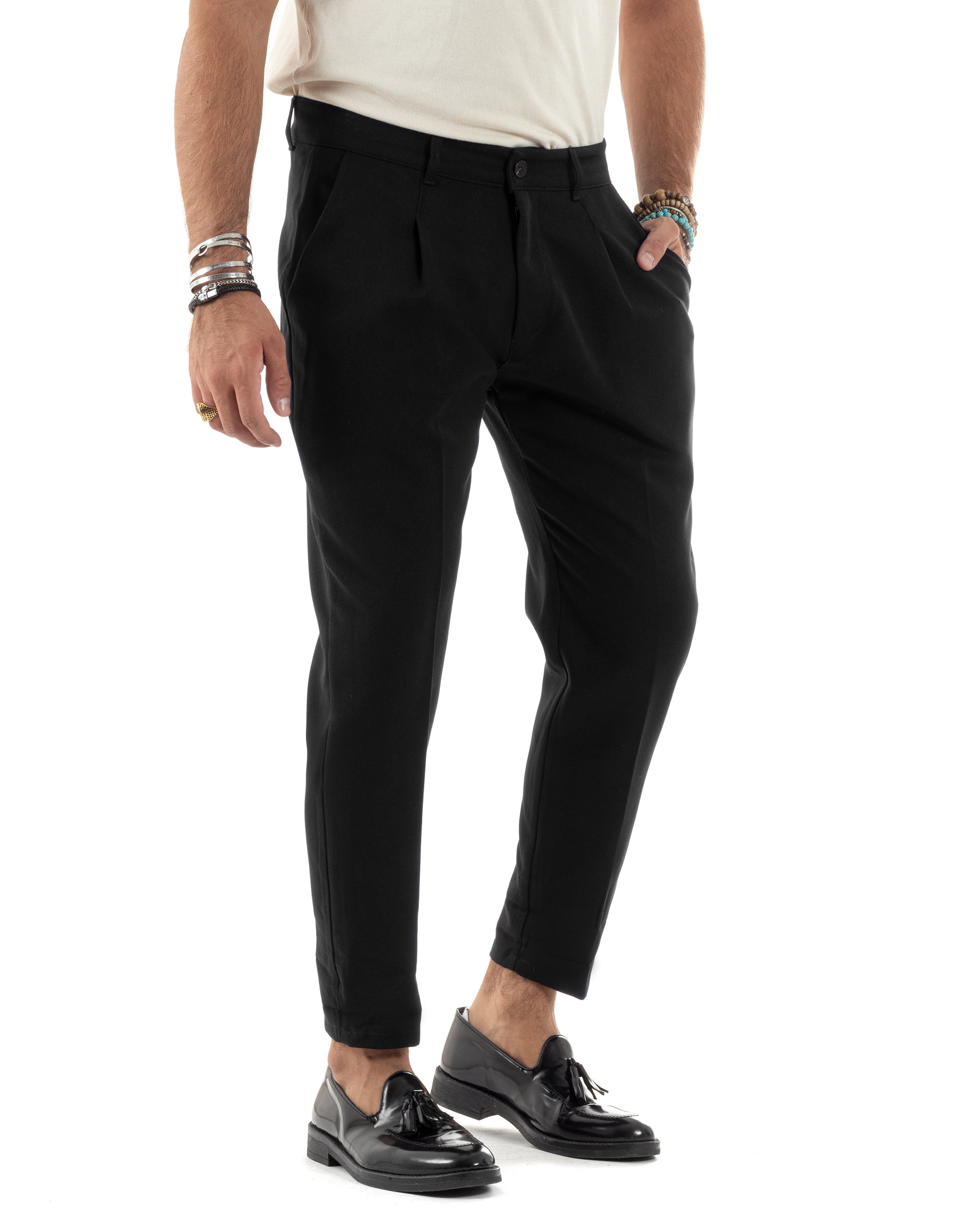 Pantaloni Uomo Viscosa Capri Casual Classico Con Tasca America Pinces Regular Tinta Unita Nero GIOSAL-P6148A