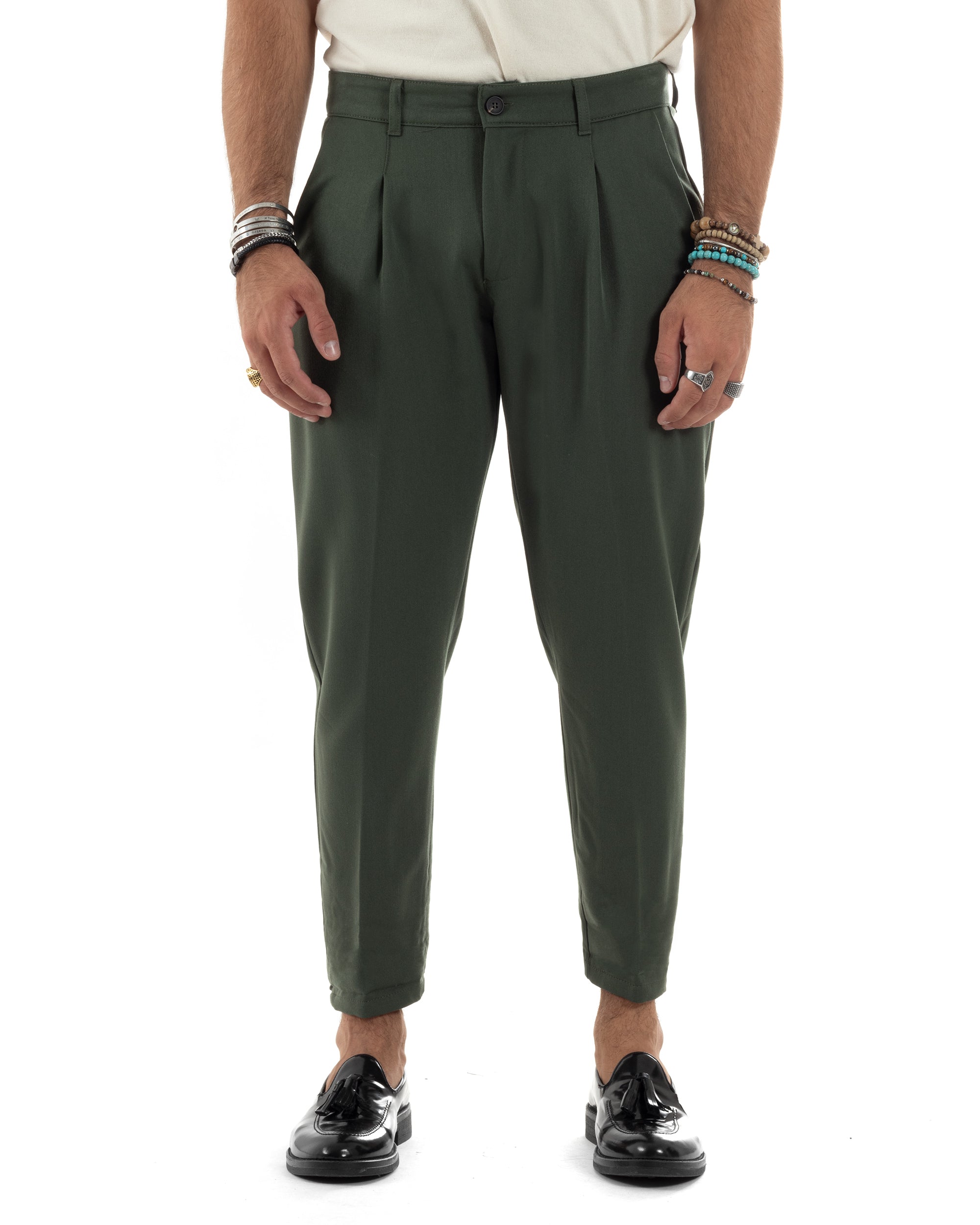 Pantaloni Uomo Viscosa Capri Casual Classico Con Tasca America Pinces Regular Tinta Unita Verde GIOSAL-P6149A