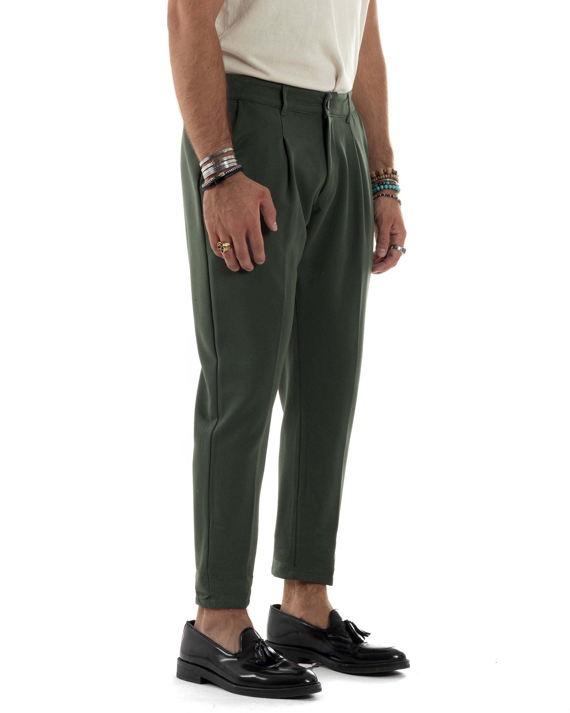 Pantaloni Uomo Viscosa Capri Casual Classico Con Tasca America Pinces Regular Tinta Unita Verde GIOSAL-P6149A