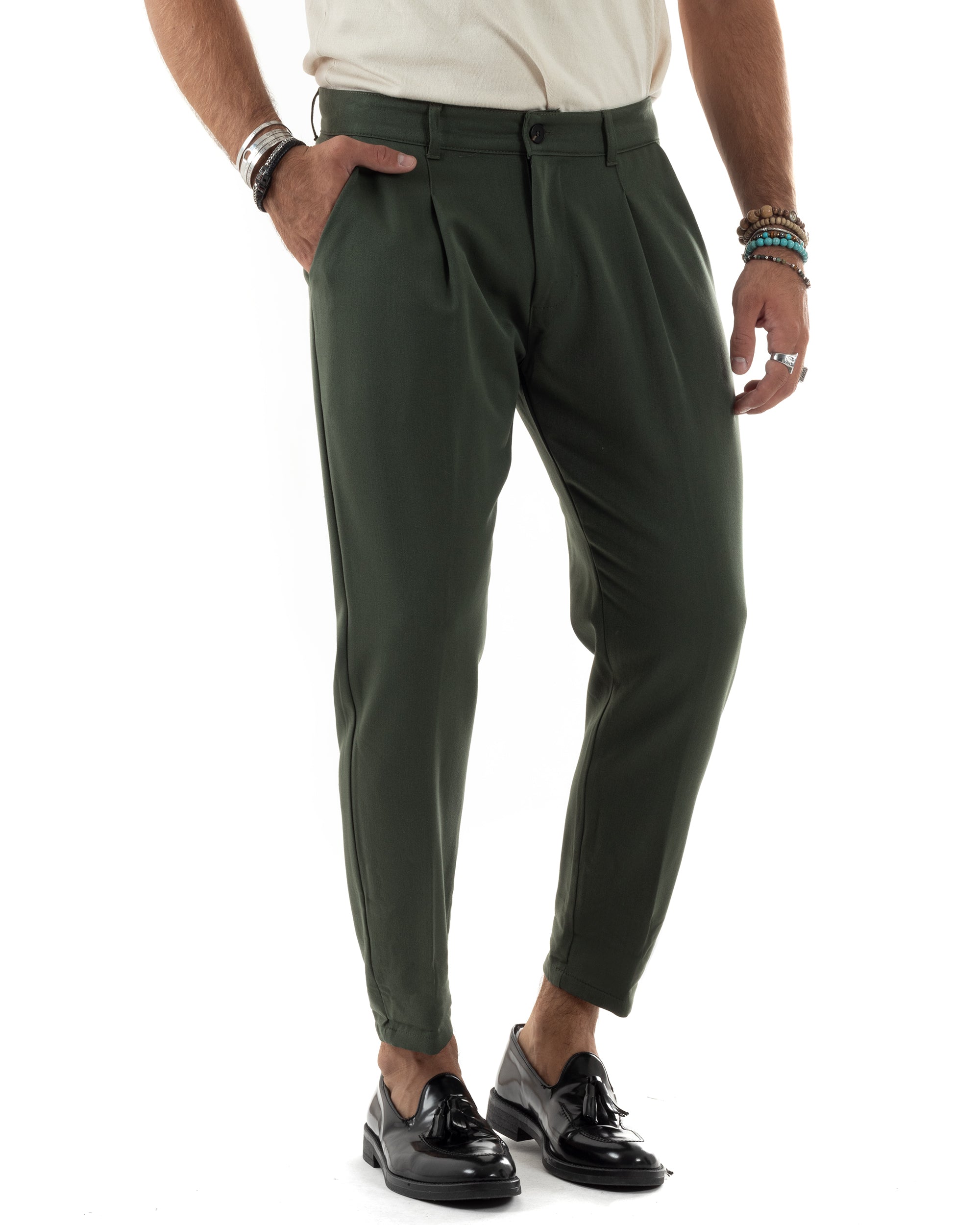 Pantaloni Uomo Viscosa Capri Casual Classico Con Tasca America Pinces Regular Tinta Unita Verde GIOSAL-P6149A