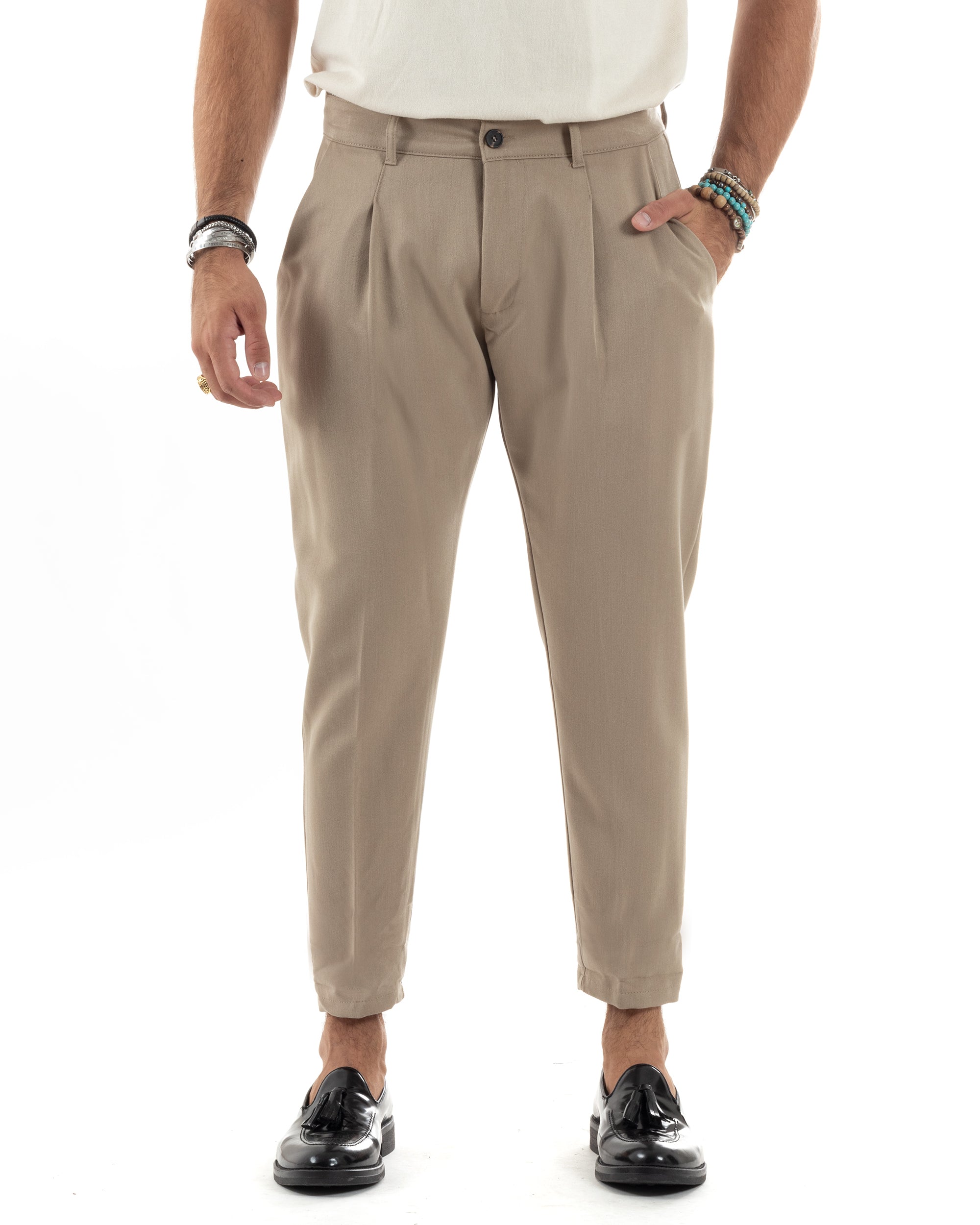 Pantaloni Uomo Viscosa Capri Casual Classico Con Tasca America Pinces Regular Tinta Unita Beige GIOSAL-P6150A