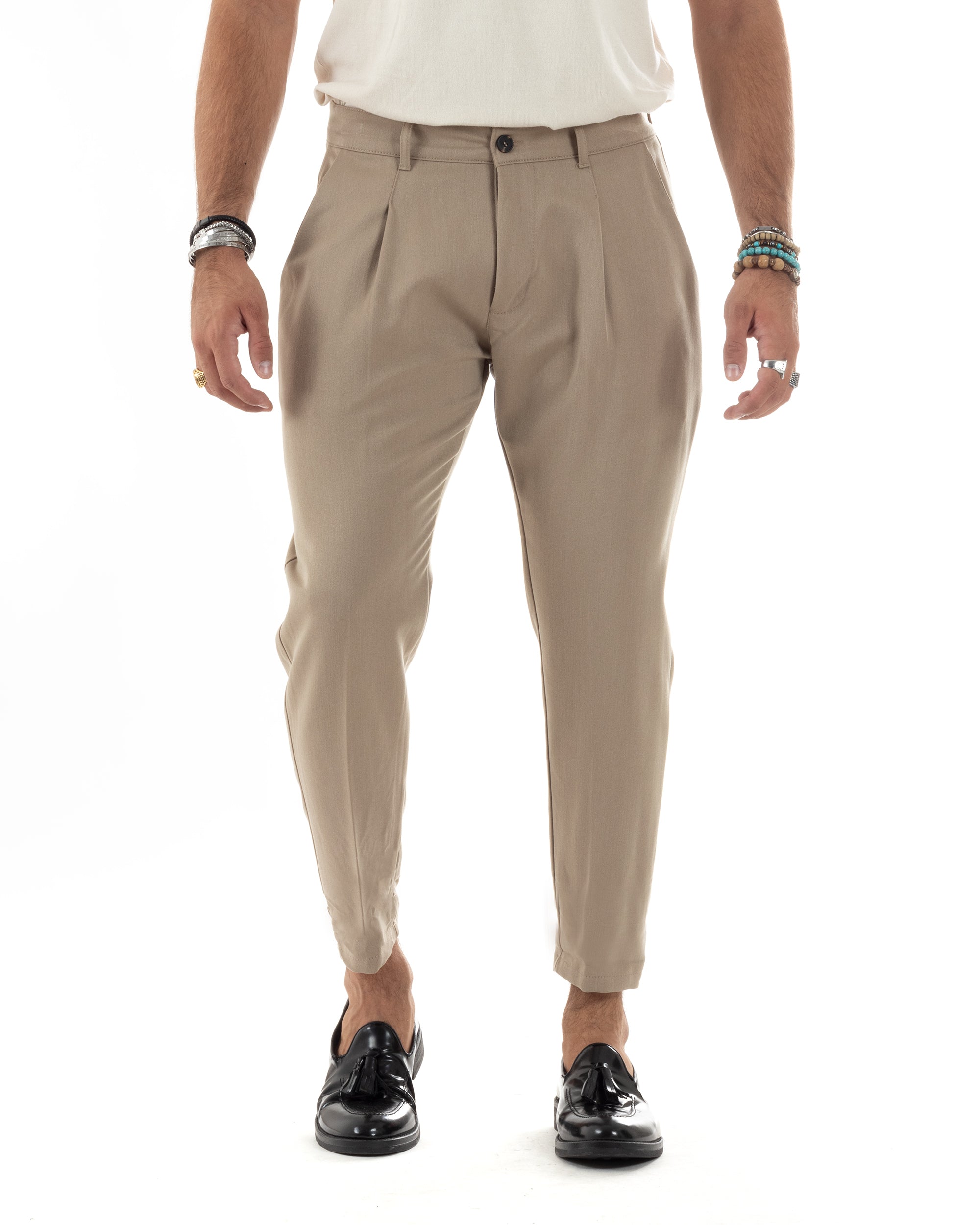 Pantaloni Uomo Viscosa Capri Casual Classico Con Tasca America Pinces Regular Tinta Unita Beige GIOSAL-P6150A