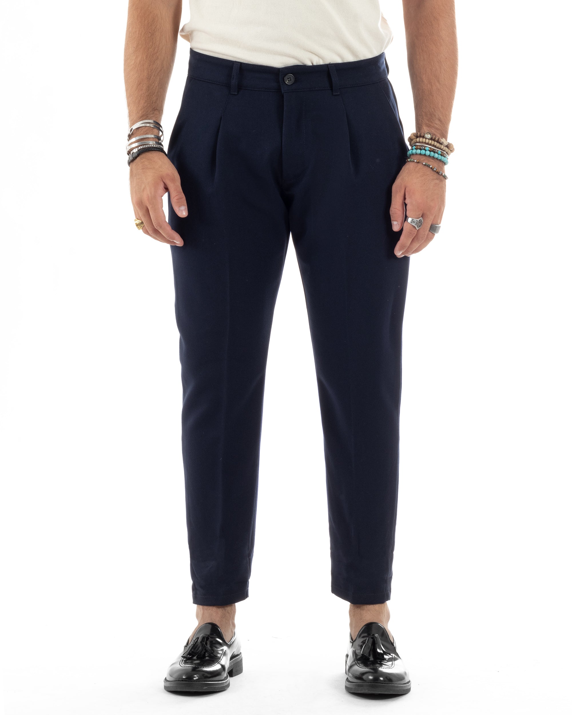 Pantaloni Uomo Viscosa Capri Casual Classico Con Tasca America Pinces Regular Tinta Unita Blu GIOSAL-P6151A