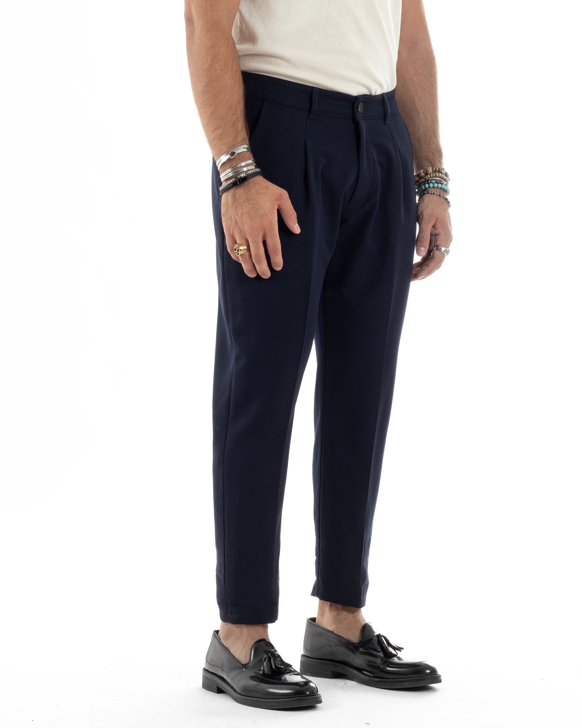 Pantaloni Uomo Viscosa Capri Casual Classico Con Tasca America Pinces Regular Tinta Unita Blu GIOSAL-P6151A