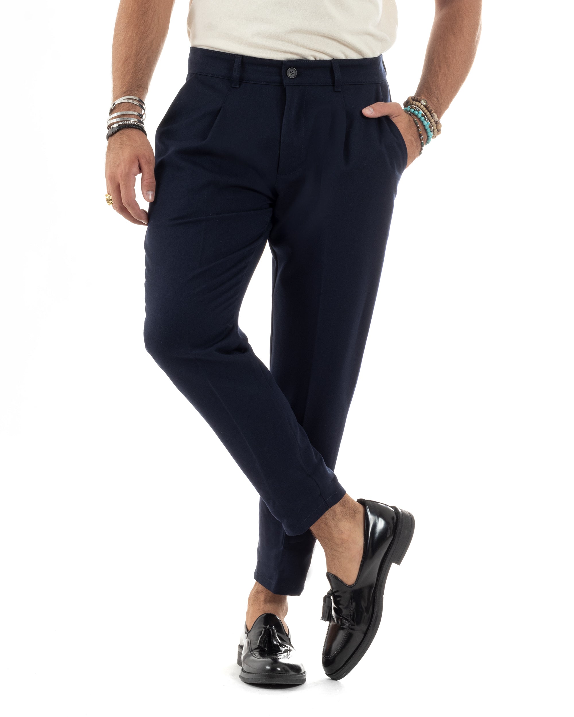 Pantaloni Uomo Viscosa Capri Casual Classico Con Tasca America Pinces Regular Tinta Unita Blu GIOSAL-P6151A