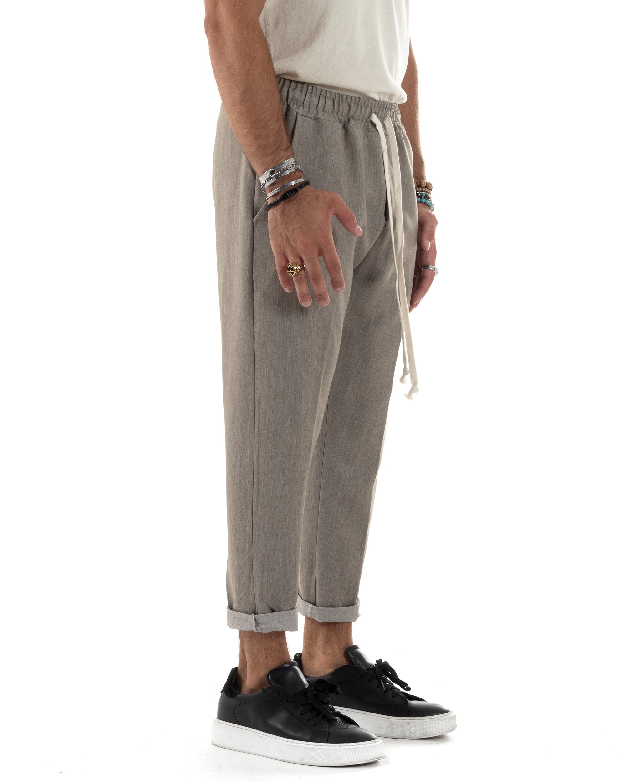 Pantaloni Uomo Pantalaccio Viscosa Morbido Regular Fit Coulisse Elastico Casual Tinta Unita Beige Melangiato GIOSAL-P6153A