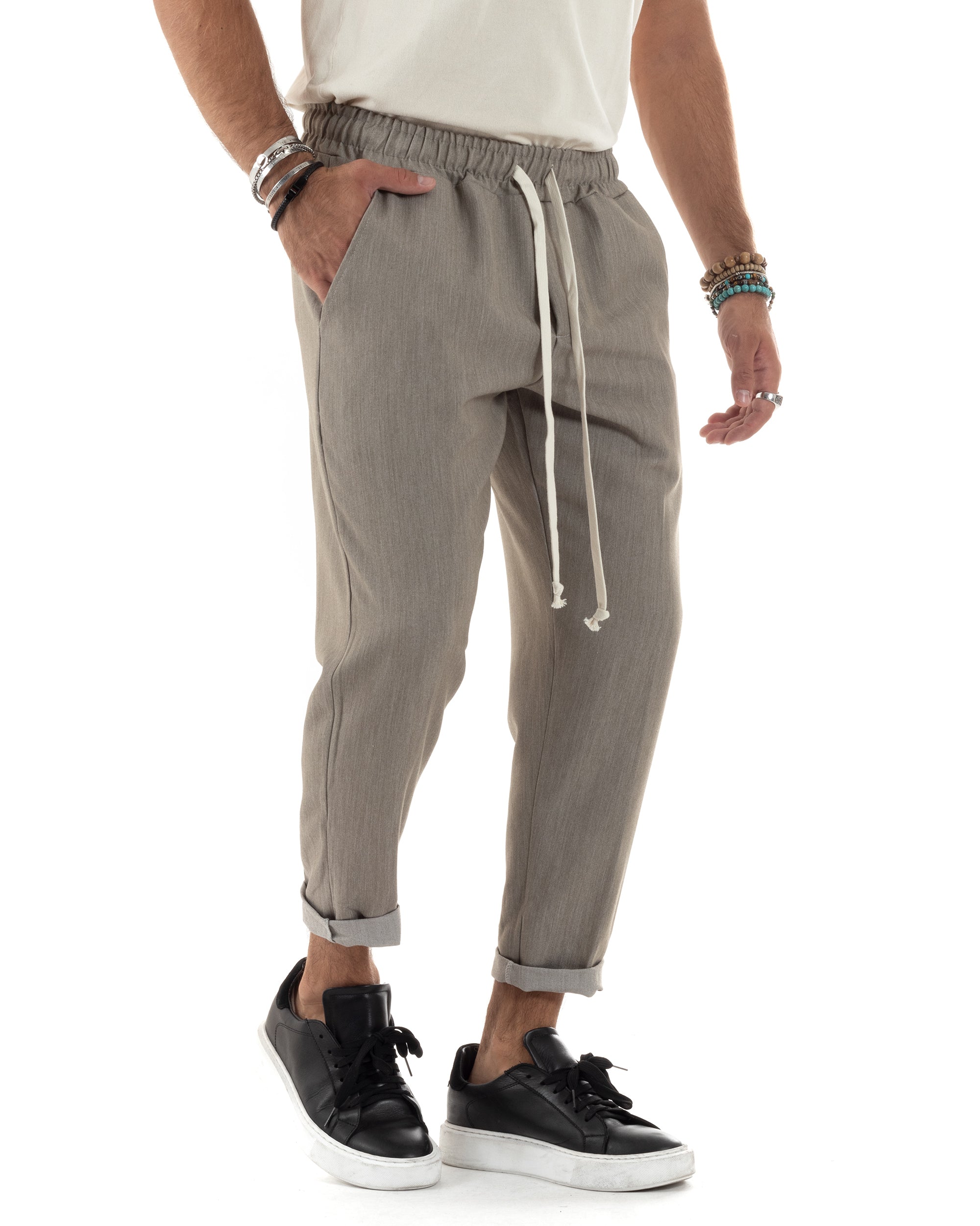 Pantaloni Uomo Pantalaccio Viscosa Morbido Regular Fit Coulisse Elastico Casual Tinta Unita Beige Melangiato GIOSAL-P6153A