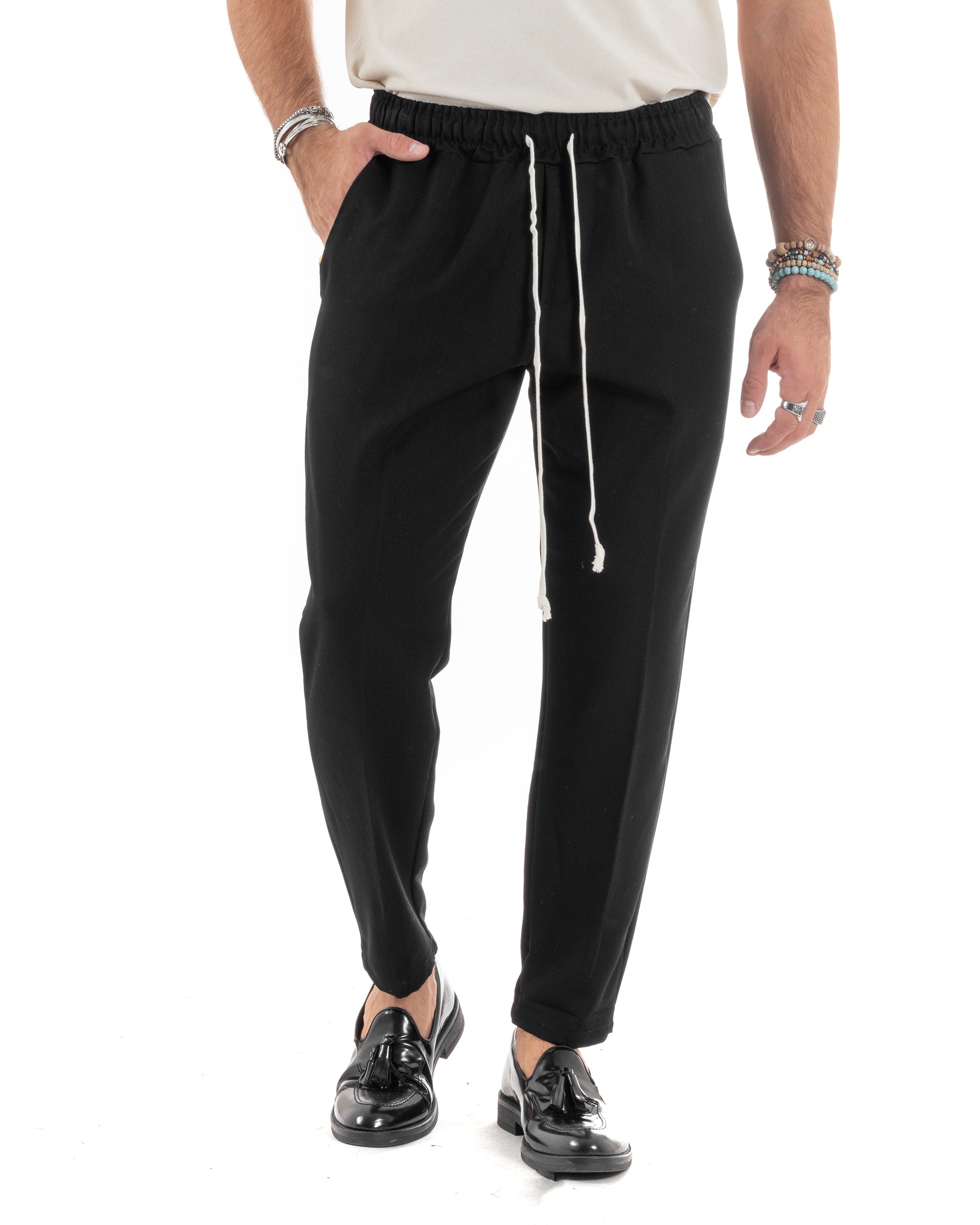 Pantaloni Uomo Pantalaccio Viscosa Morbido Regular Fit Coulisse Elastico Casual Tinta Unita Nero GIOSAL-P6154A