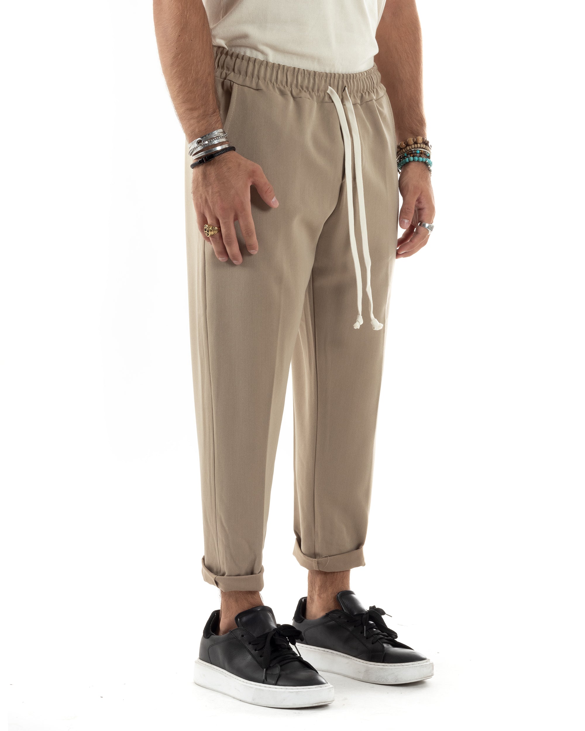 Pantaloni Uomo Pantalaccio Viscosa Morbido Regular Fit Coulisse Elastico Casual Tinta Unita Beige GIOSAL-P6156A