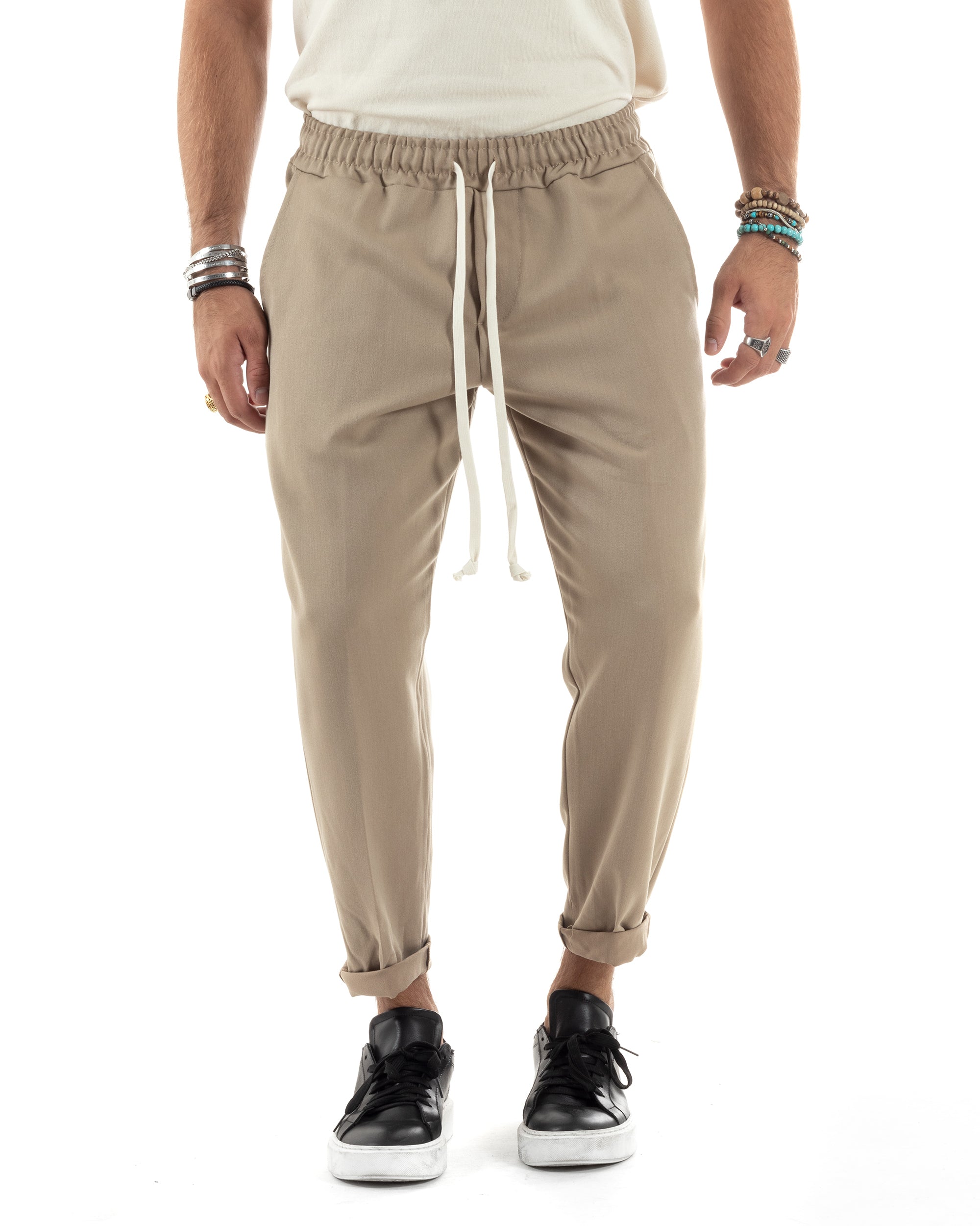 Pantaloni Uomo Pantalaccio Viscosa Morbido Regular Fit Coulisse Elastico Casual Tinta Unita Beige GIOSAL-P6156A