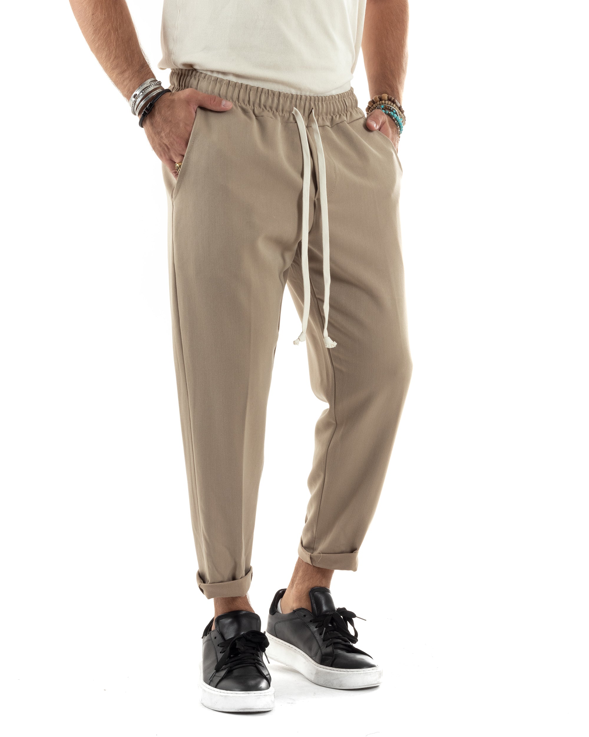 Pantaloni Uomo Pantalaccio Viscosa Morbido Regular Fit Coulisse Elastico Casual Tinta Unita Beige GIOSAL-P6156A