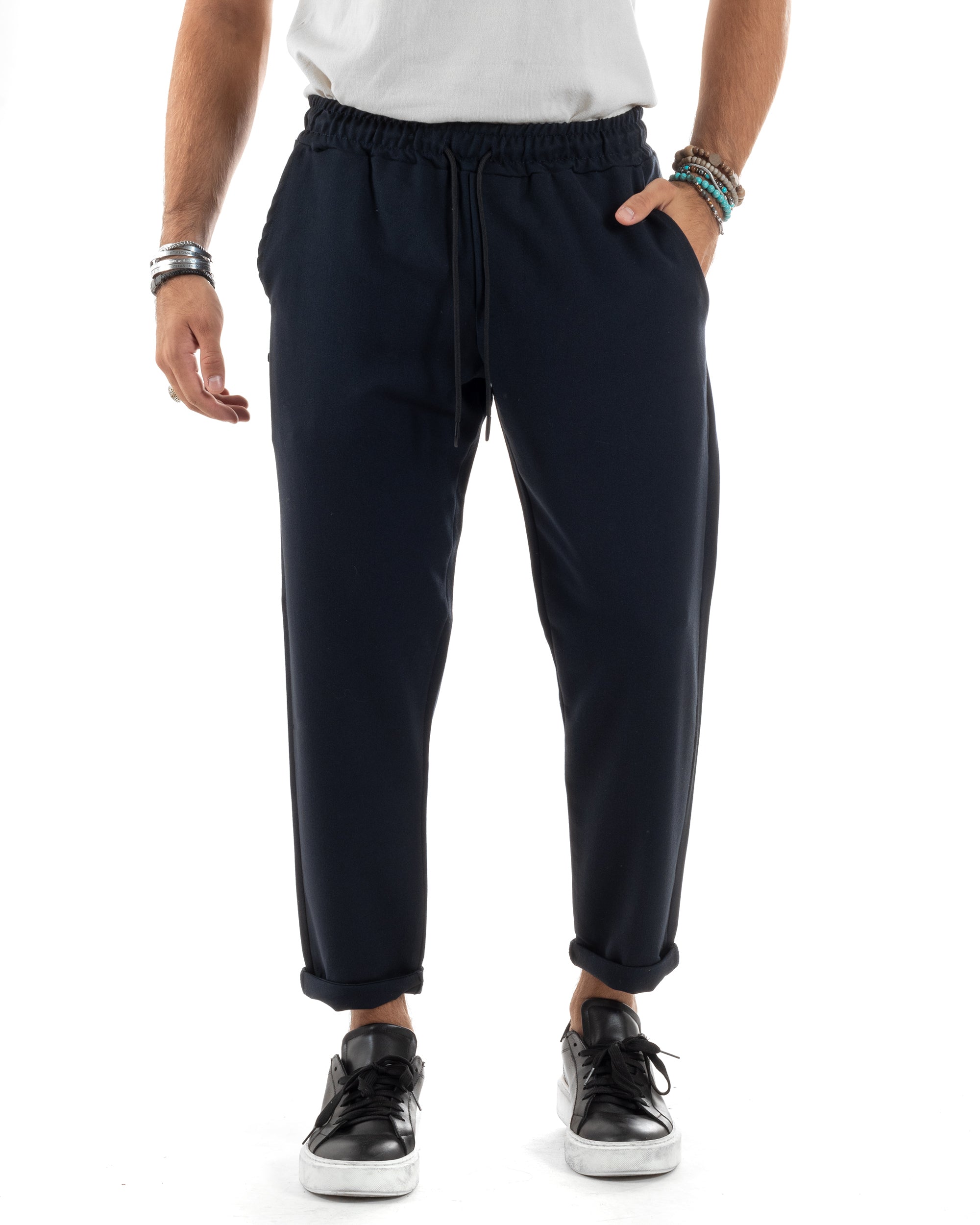 Pantaloni Uomo Pantalaccio Viscosa Morbido Regular Fit Coulisse Elastico Casual Tinta Unita Blu GIOSAL-P6157A