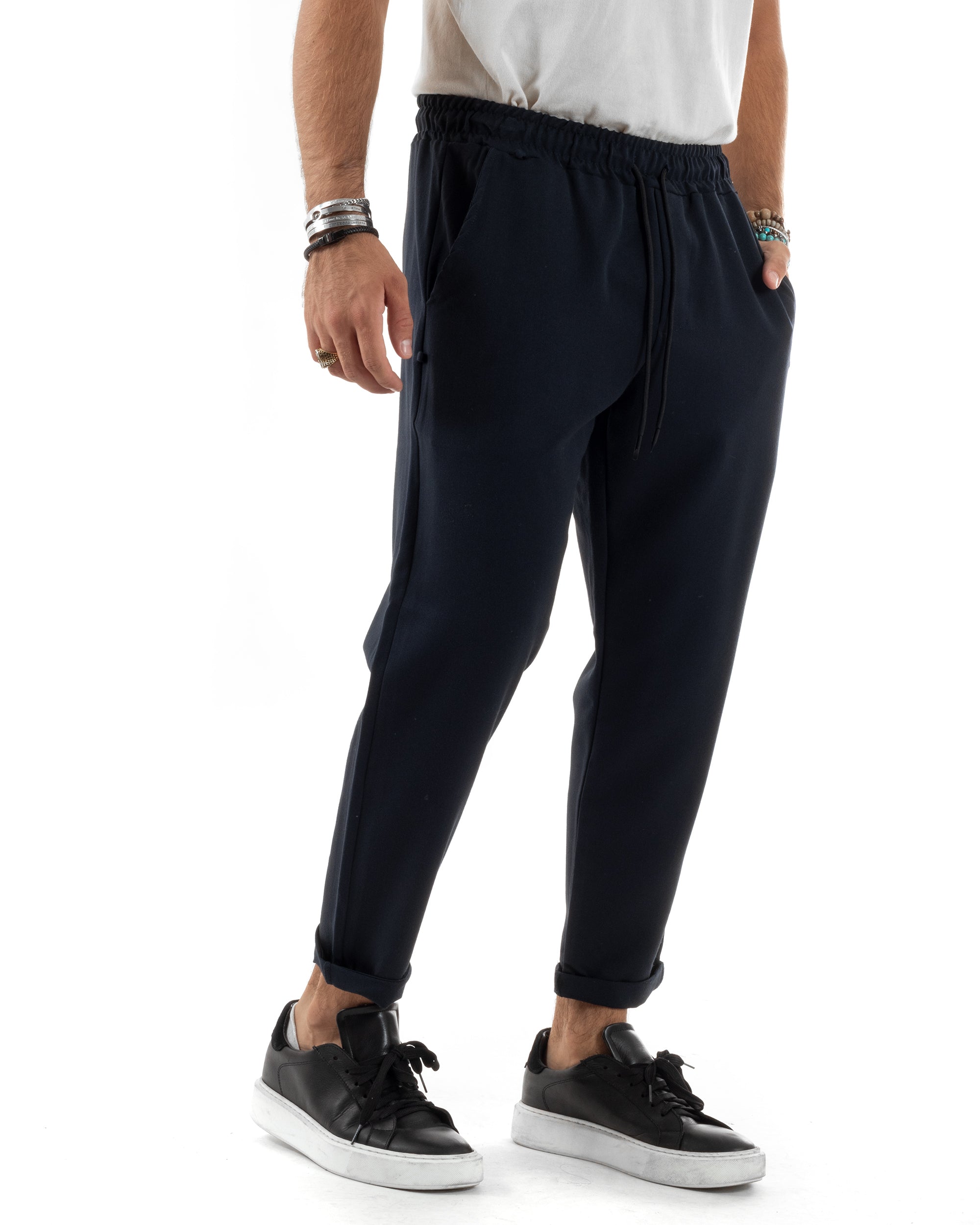 Pantaloni Uomo Pantalaccio Viscosa Morbido Regular Fit Coulisse Elastico Casual Tinta Unita Blu GIOSAL-P6157A