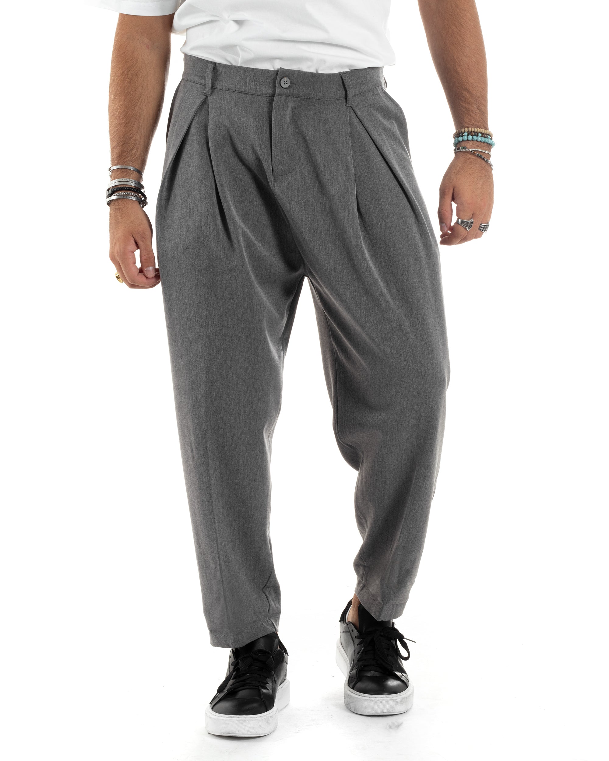 Pantaloni Uomo Baggy Casual Pinces Bottone Comfy Japan Comodo Tinta Unita Grigio GIOSAL-P6158A