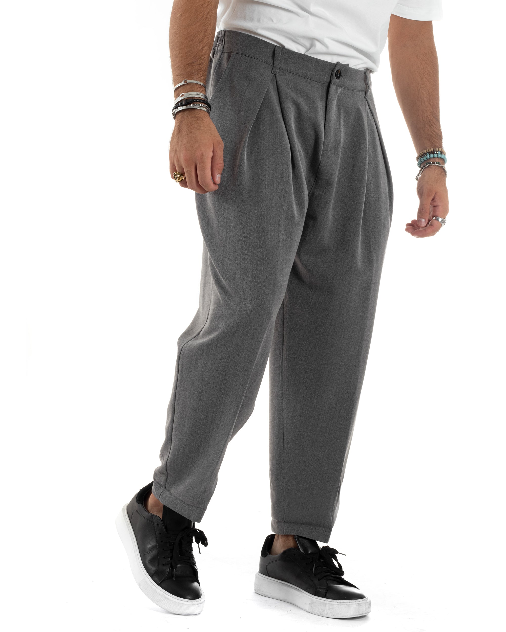 Pantaloni Uomo Baggy Casual Pinces Bottone Comfy Japan Comodo Tinta Unita Grigio GIOSAL-P6158A