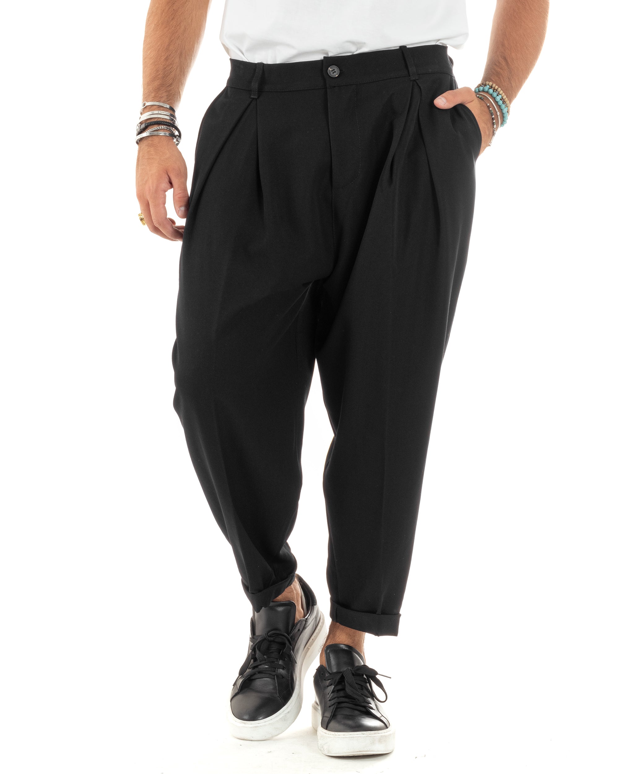 Pantaloni Uomo Baggy Casual Pinces Bottone Comfy Japan Comodo Tinta Unita Nero GIOSAL-P6159A