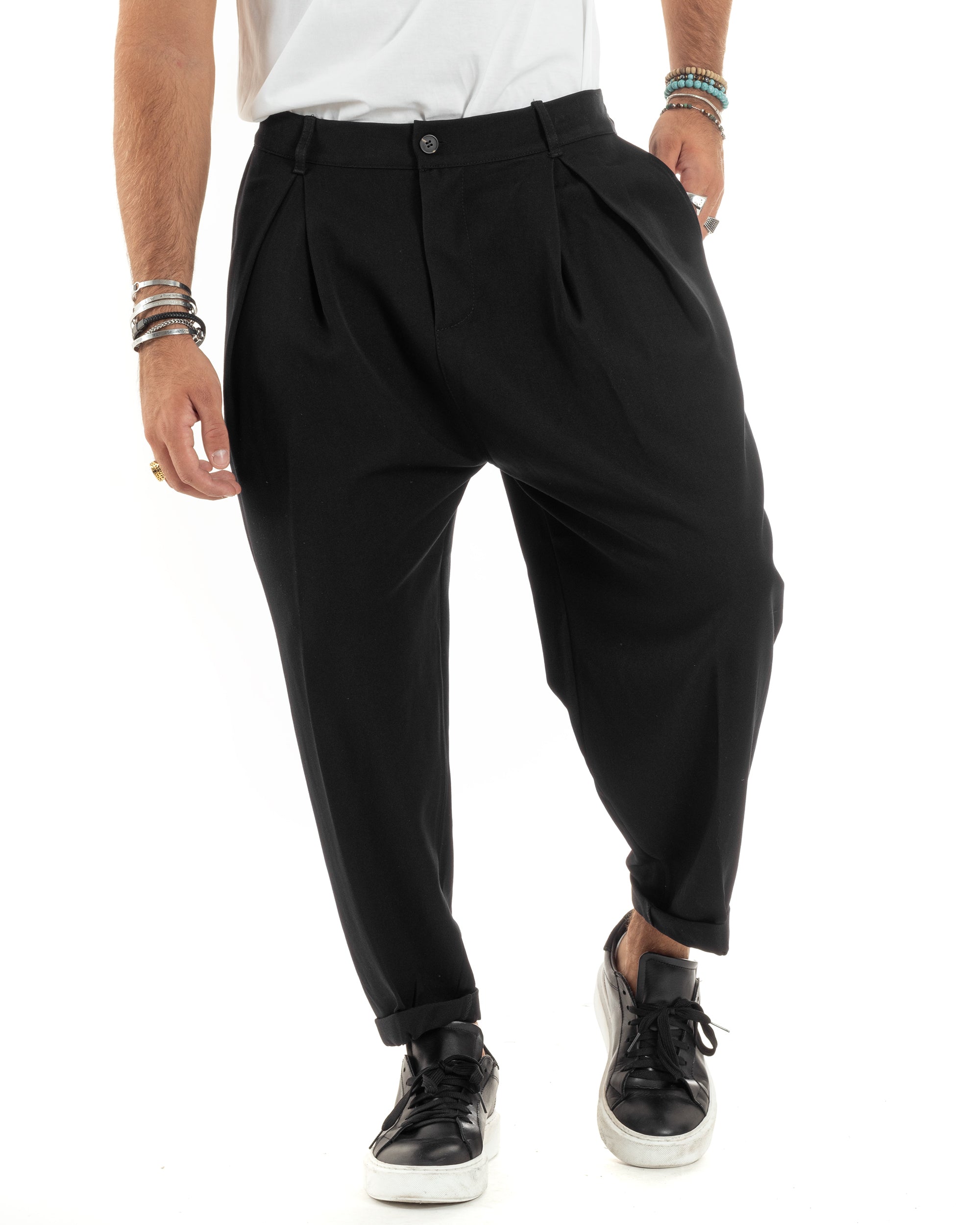 Pantaloni Uomo Baggy Casual Pinces Bottone Comfy Japan Comodo Tinta Unita Nero GIOSAL-P6159A