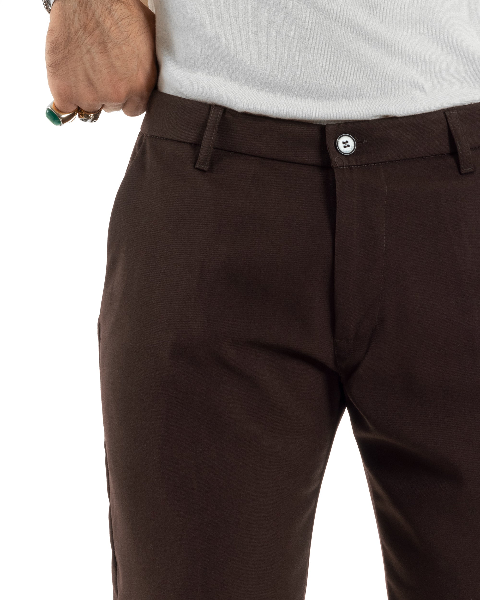 Pantaloni Uomo Tasca America Chinos Lungo Classico Slim Casual Tinta Unita Marrone GIOSAL-P6160A