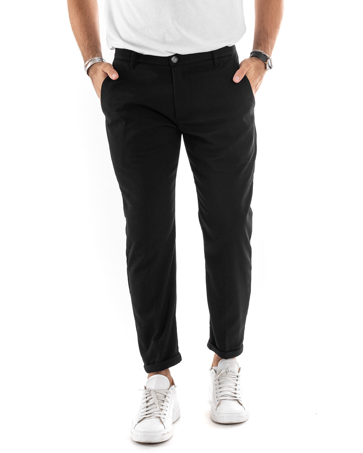 Pantaloni Uomo Tasca America Chinos Lungo Classico Slim Casual Tinta Unita Nero GIOSAL-P6161A