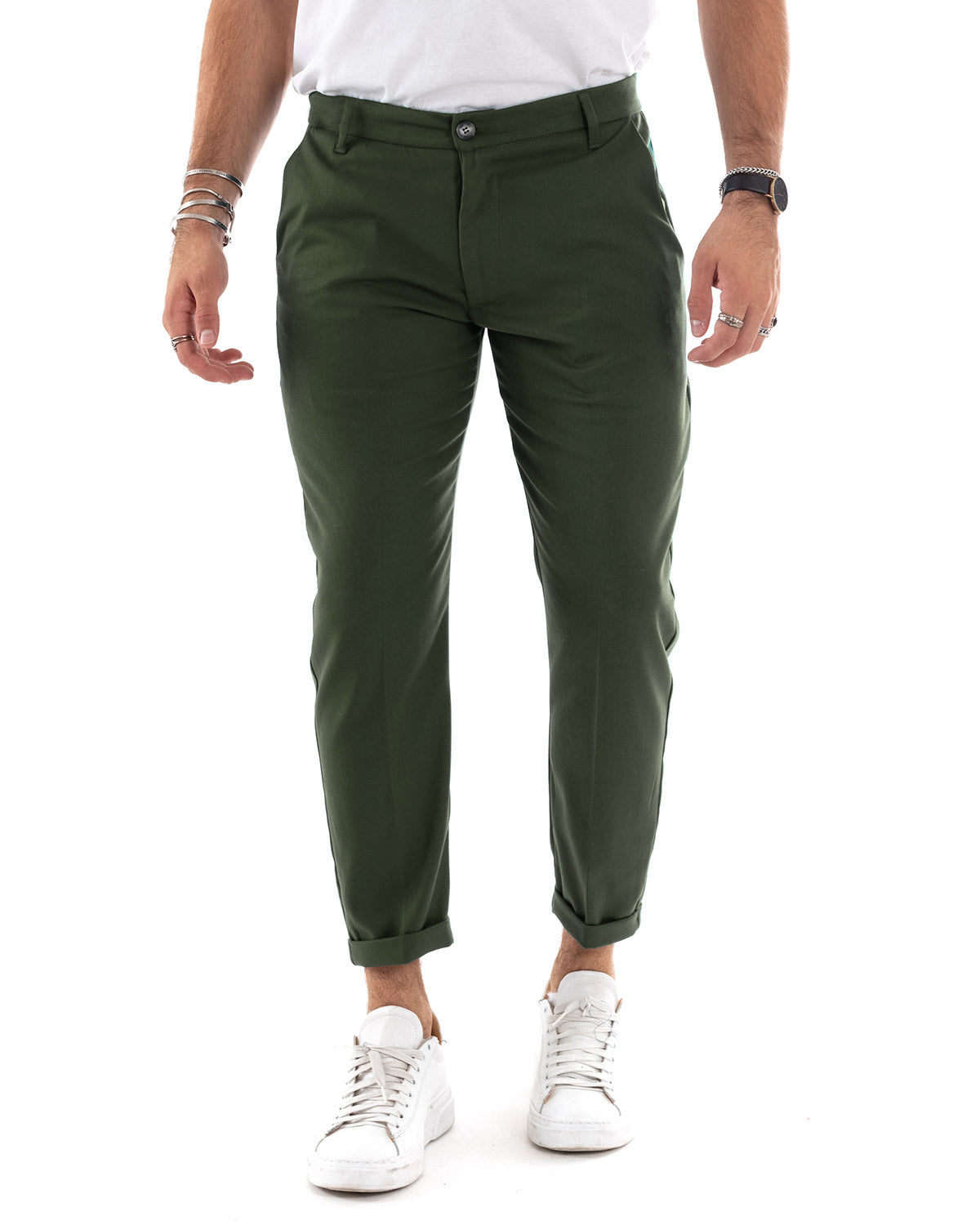 Pantaloni Uomo Tasca America Chinos Lungo Classico Slim Casual Tinta Unita Verde Militare GIOSAL-P6163A