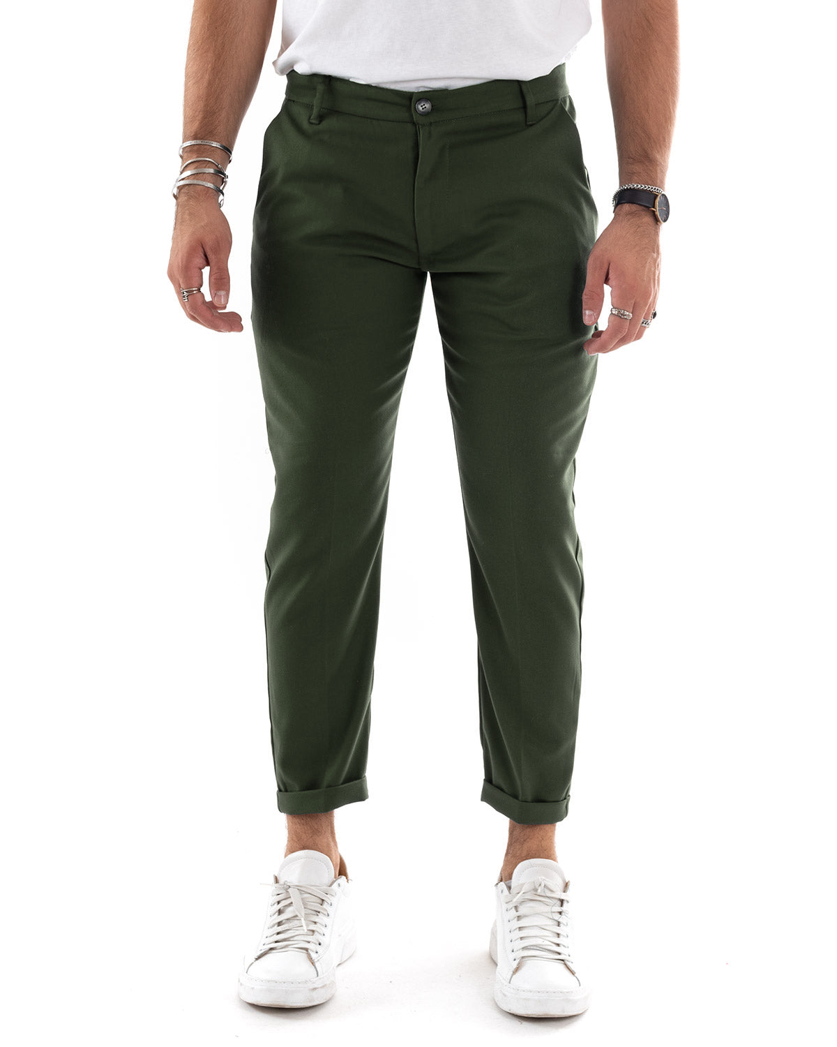 Pantaloni Uomo Tasca America Chinos Lungo Classico Slim Casual Tinta Unita Verde Militare GIOSAL-P6163A