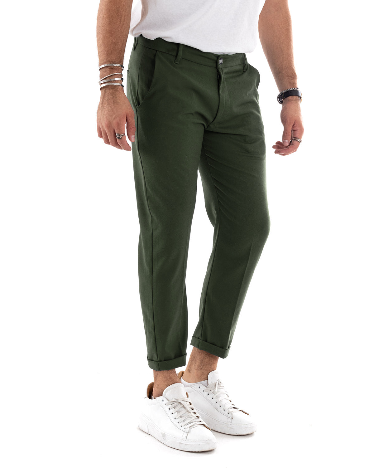 Pantaloni Uomo Tasca America Chinos Lungo Classico Slim Casual Tinta Unita Verde Militare GIOSAL-P6163A