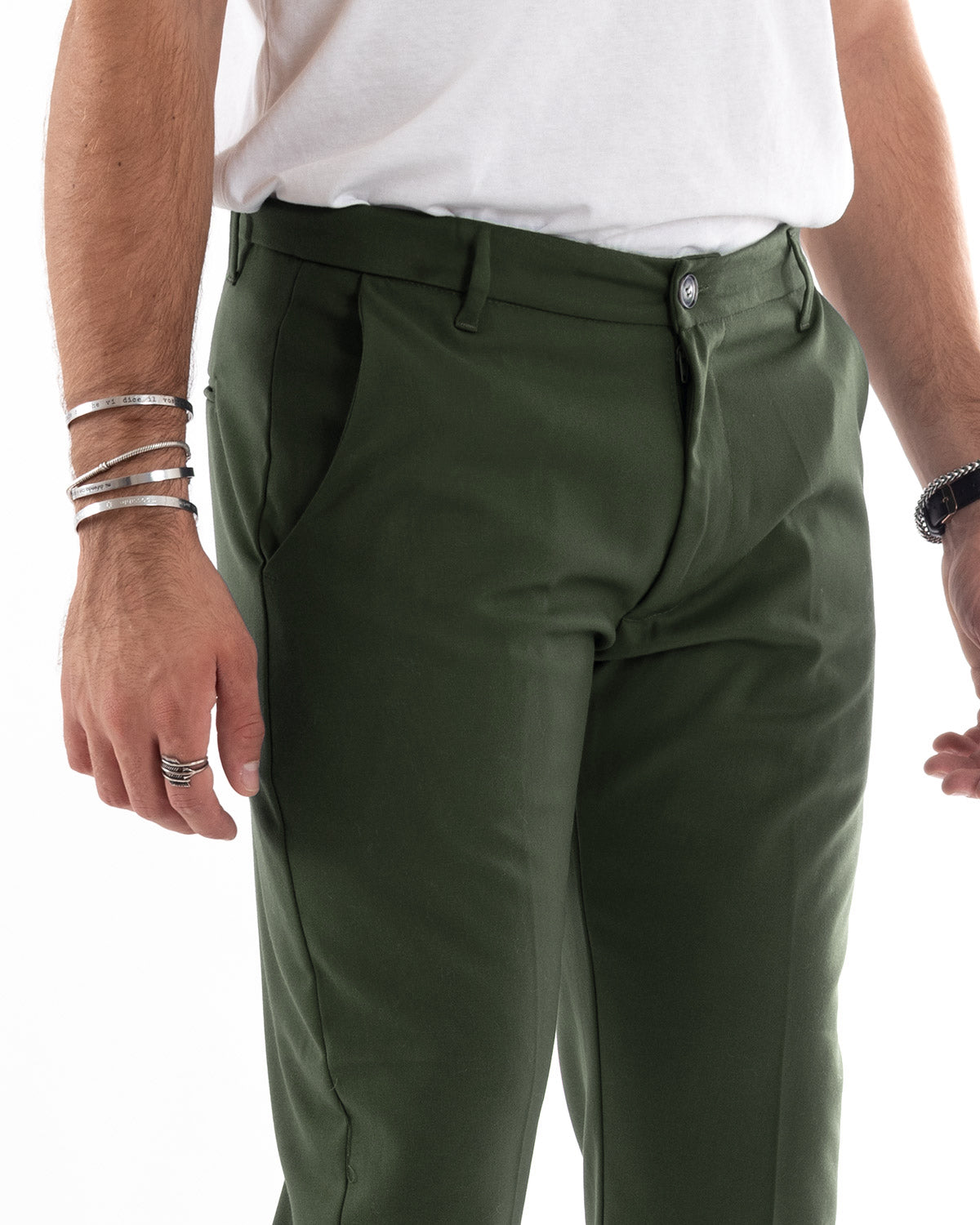 Pantaloni Uomo Tasca America Chinos Lungo Classico Slim Casual Tinta Unita Verde Militare GIOSAL-P6163A