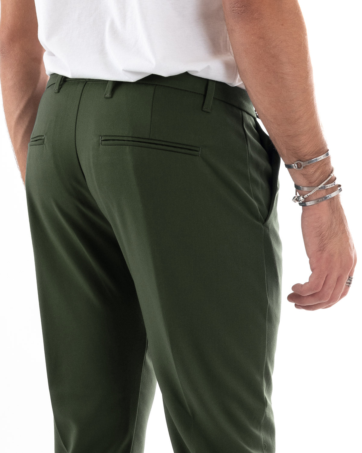 Pantaloni Uomo Tasca America Chinos Lungo Classico Slim Casual Tinta Unita Verde Militare GIOSAL-P6163A