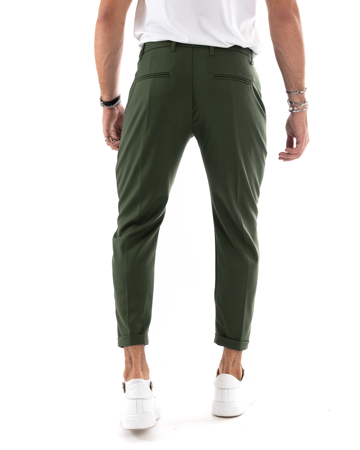 Pantaloni Uomo Tasca America Chinos Lungo Classico Slim Casual Tinta Unita Verde Militare GIOSAL-P6163A