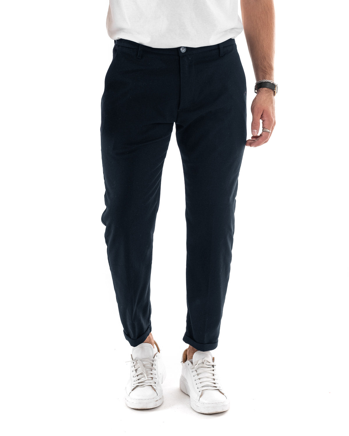 Pantaloni Uomo Tasca America Chinos Lungo Classico Slim Casual Tinta Unita Blu GIOSAL-P6164A