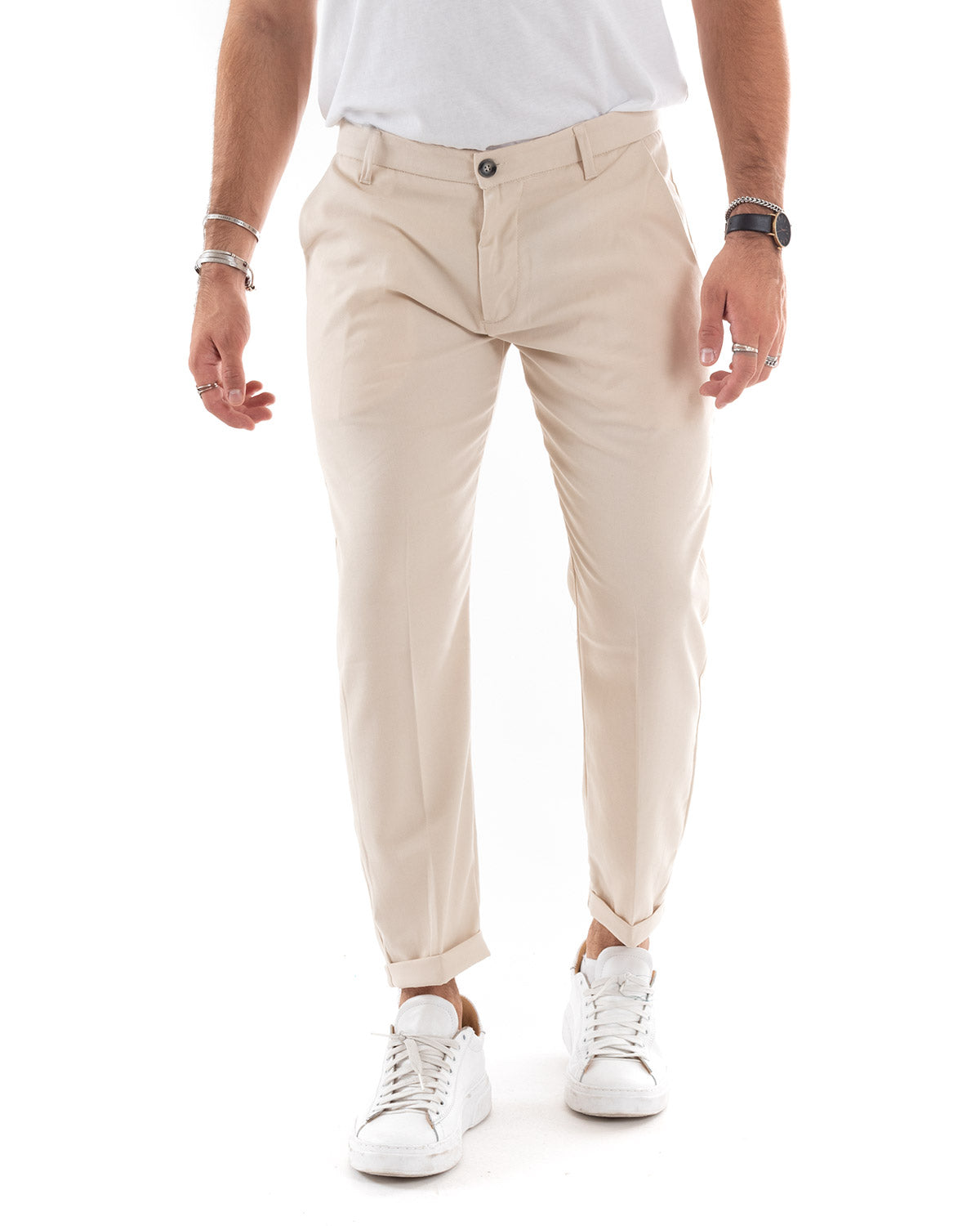 Pantaloni Uomo Tasca America Chinos Lungo Classico Slim Casual Tinta Unita Beige GIOSAL-P6165A