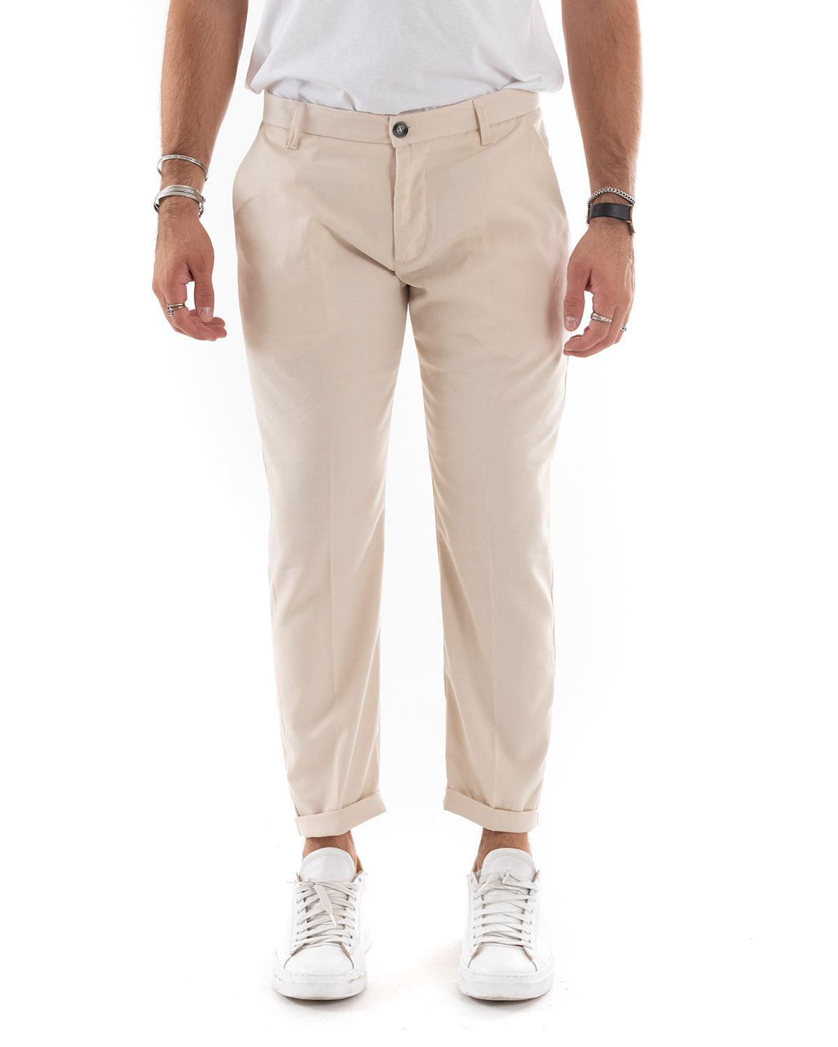 Pantaloni Uomo Tasca America Chinos Lungo Classico Slim Casual Tinta Unita Beige GIOSAL-P6165A