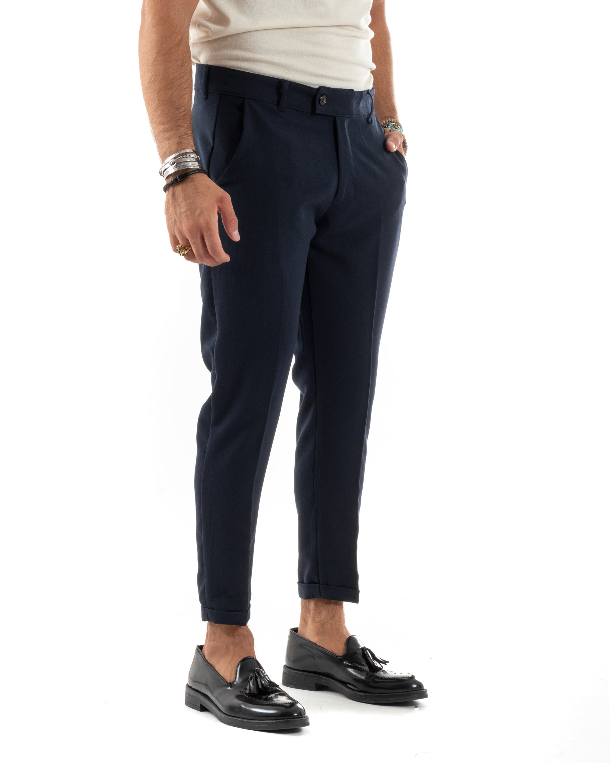 Pantaloni Uomo Viscosa Tasca America Classico Abbottonatura Allungata Casual Blu GIOSAL-P6166A