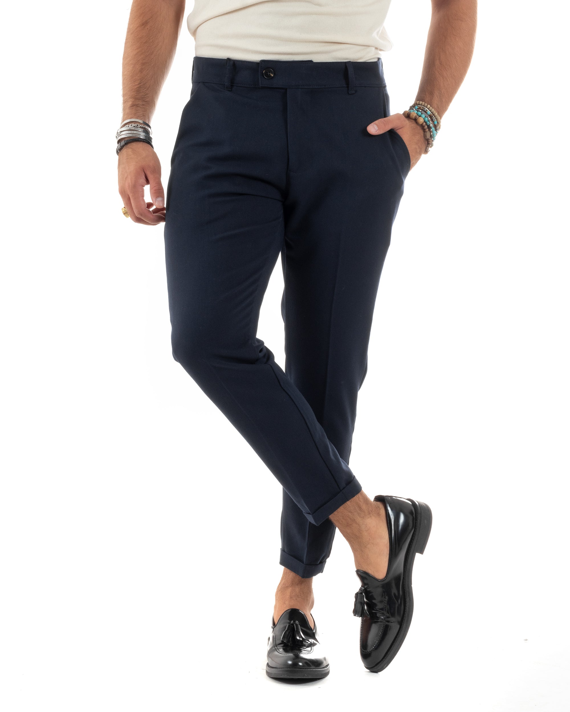 Pantaloni Uomo Viscosa Tasca America Classico Abbottonatura Allungata Casual Blu GIOSAL-P6166A