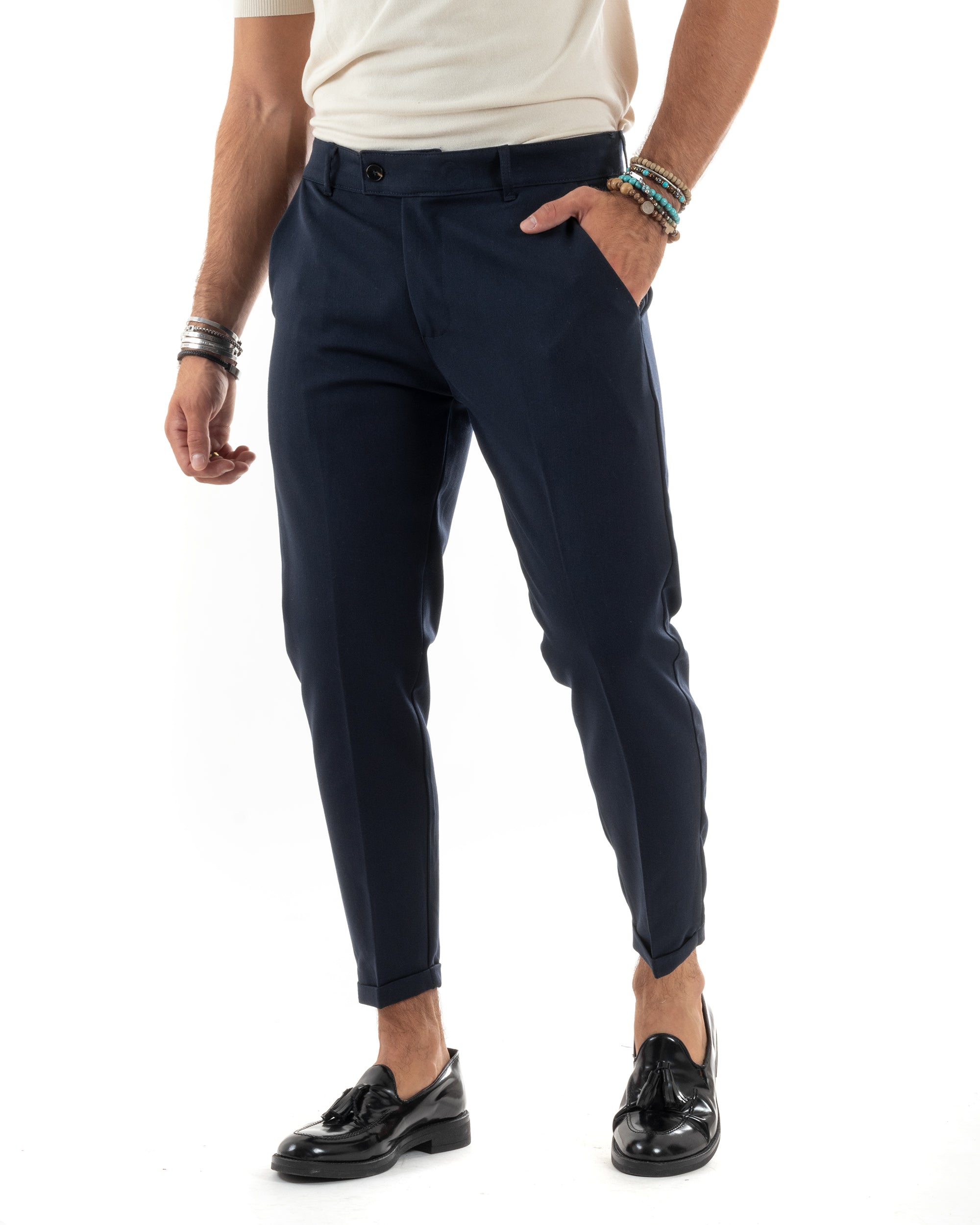 Pantaloni Uomo Viscosa Tasca America Classico Abbottonatura Allungata Casual Blu GIOSAL-P6166A