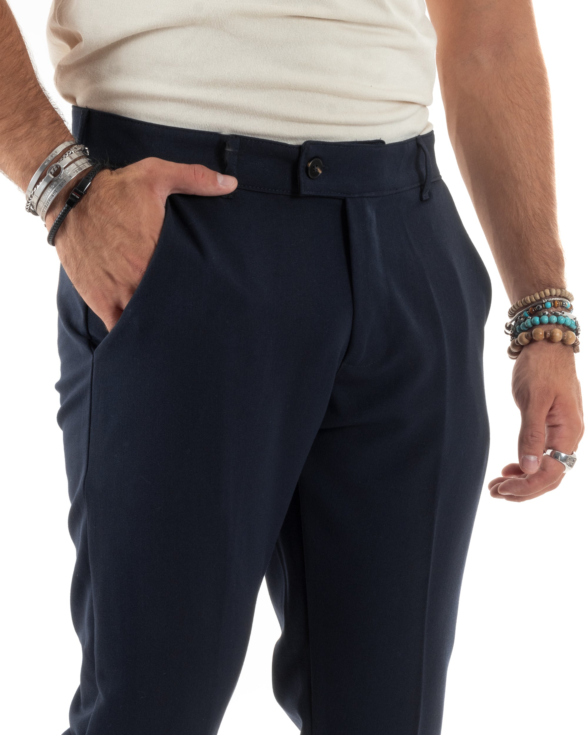 Pantaloni Uomo Viscosa Tasca America Classico Abbottonatura Allungata Casual Blu GIOSAL-P6166A