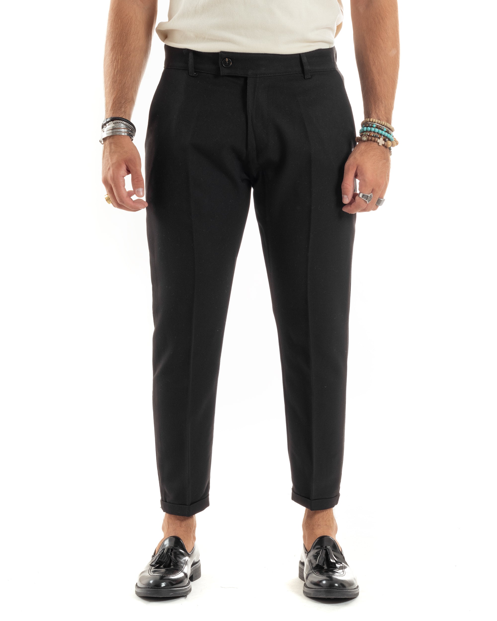 Pantaloni Uomo Viscosa Tasca America Classico Abbottonatura Allungata Casual Nero GIOSAL-P6168A