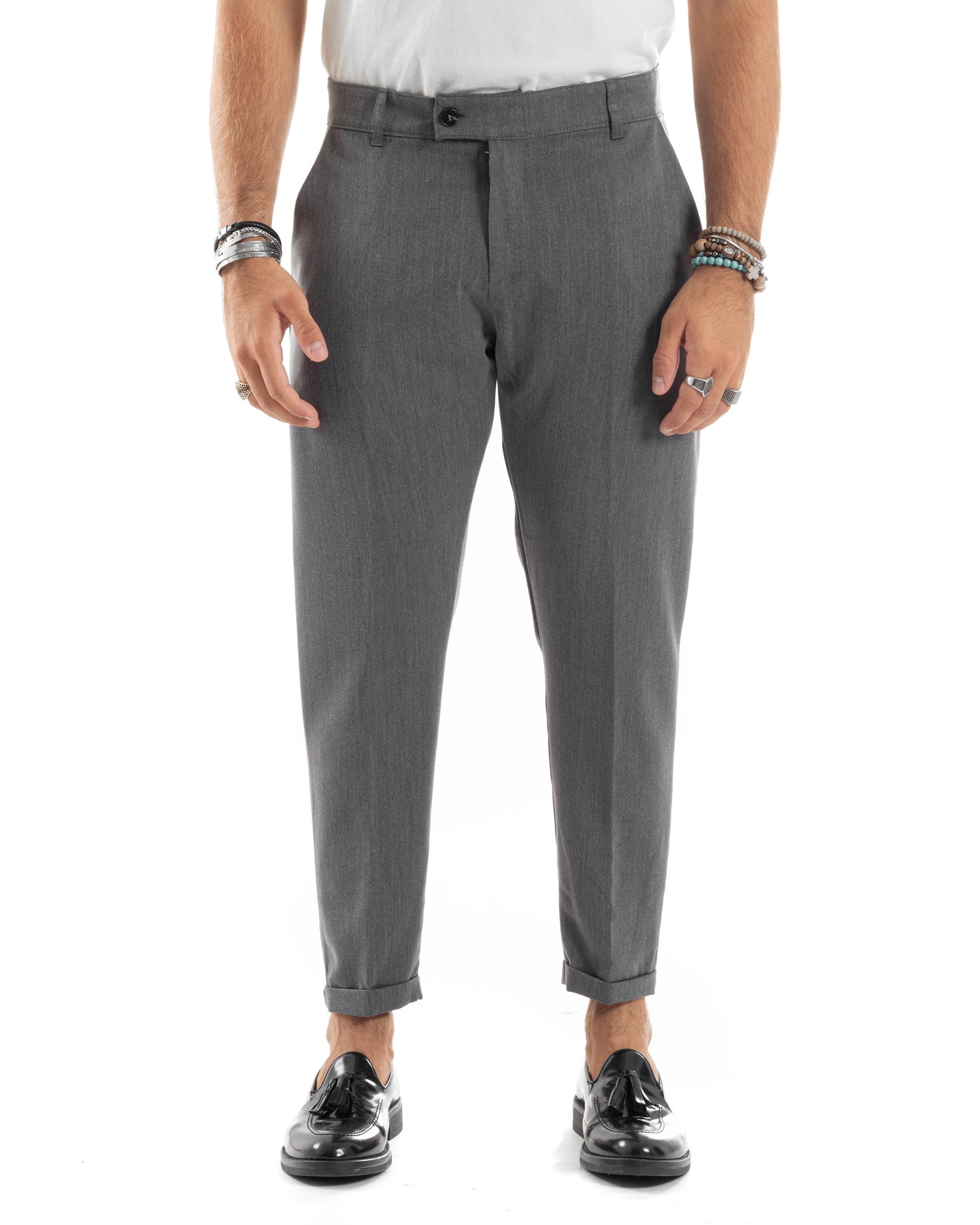 Pantaloni Uomo Viscosa Tasca America Classico Abbottonatura Allungata Casual Grigio GIOSAL-P6169A