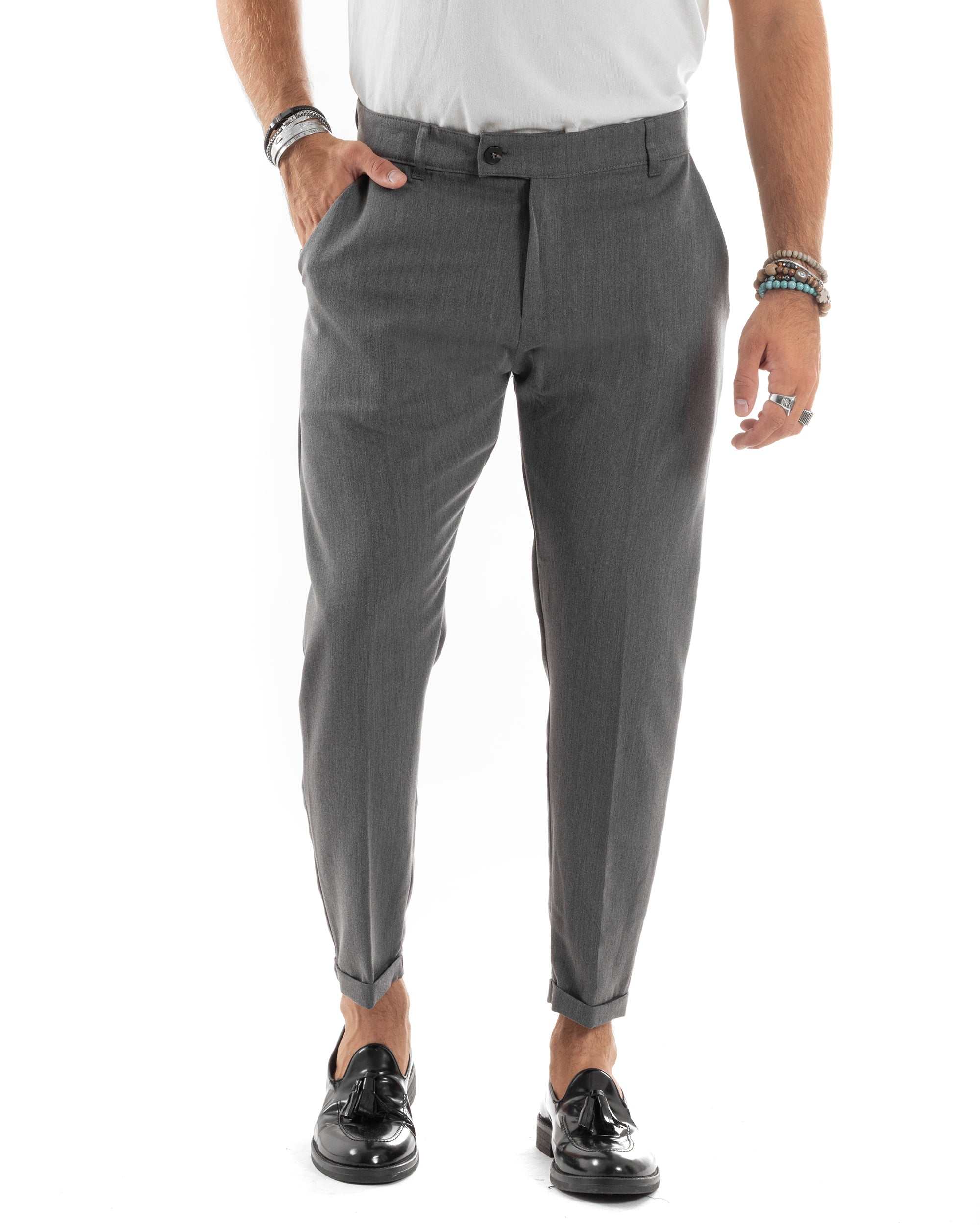 Pantaloni Uomo Viscosa Tasca America Classico Abbottonatura Allungata Casual Grigio GIOSAL-P6169A